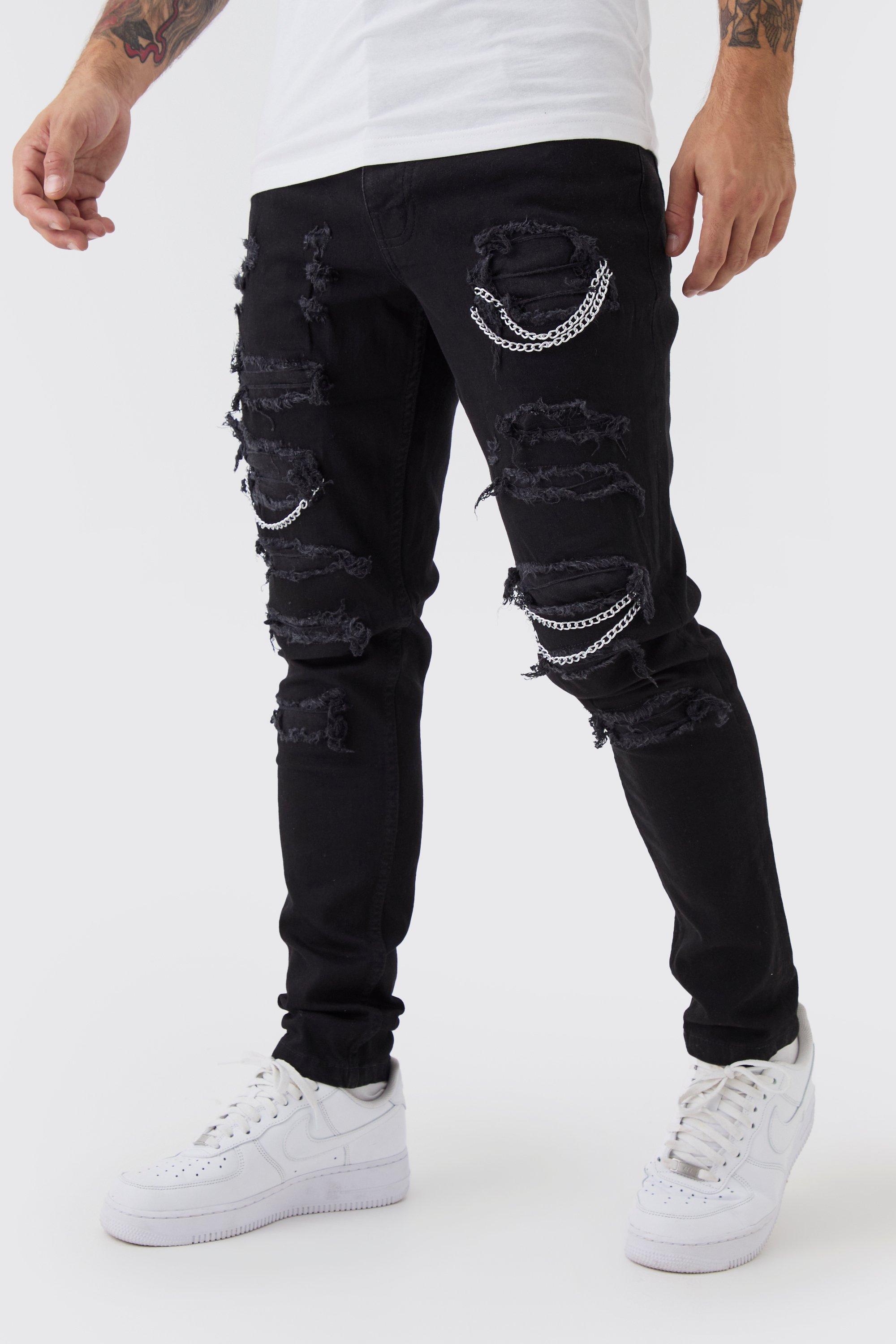 Mens Black Skinny Stretch Ripped Chain Jeans, Black