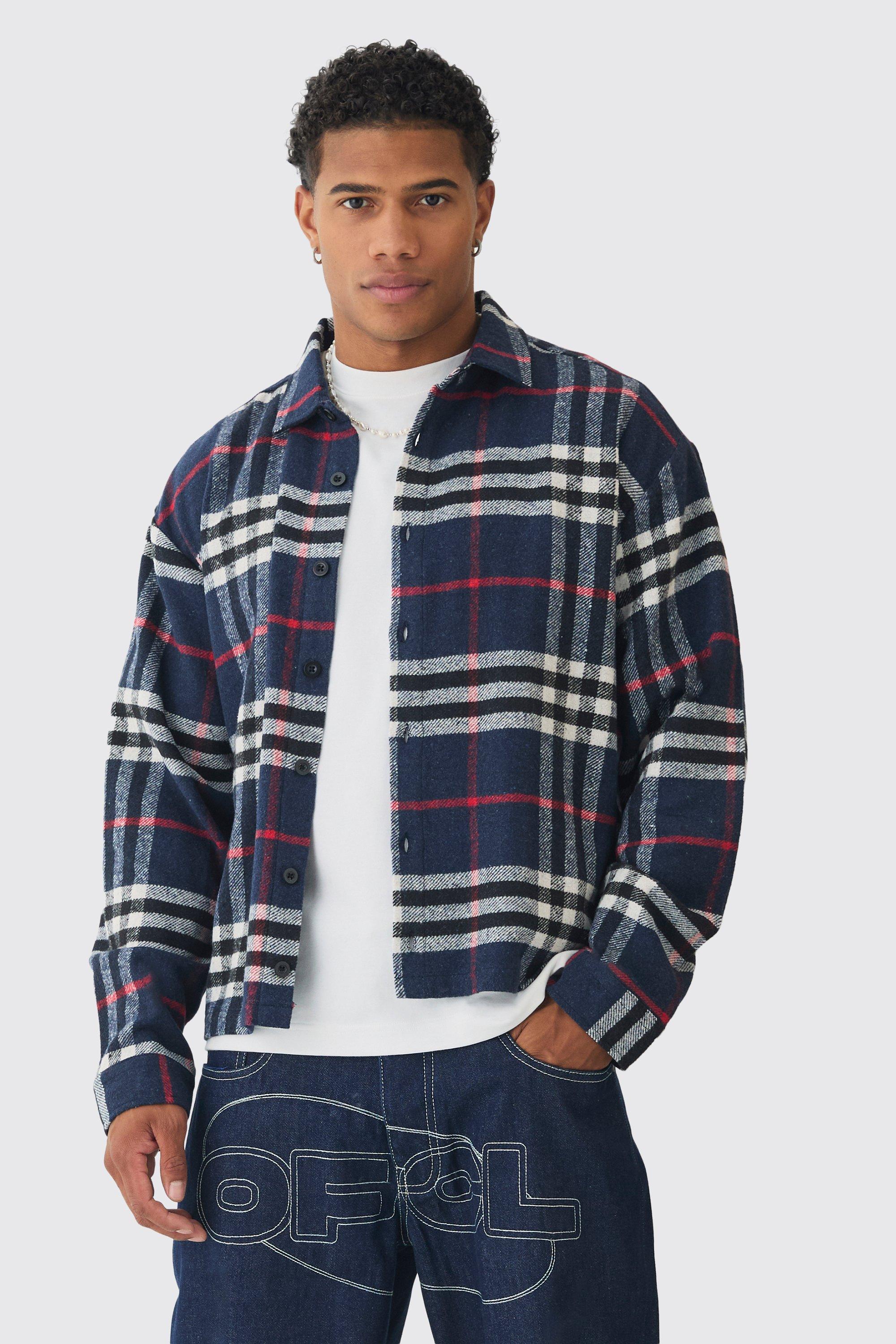 Mens Black Oversized Fit Boxy Checked Shirt, Black