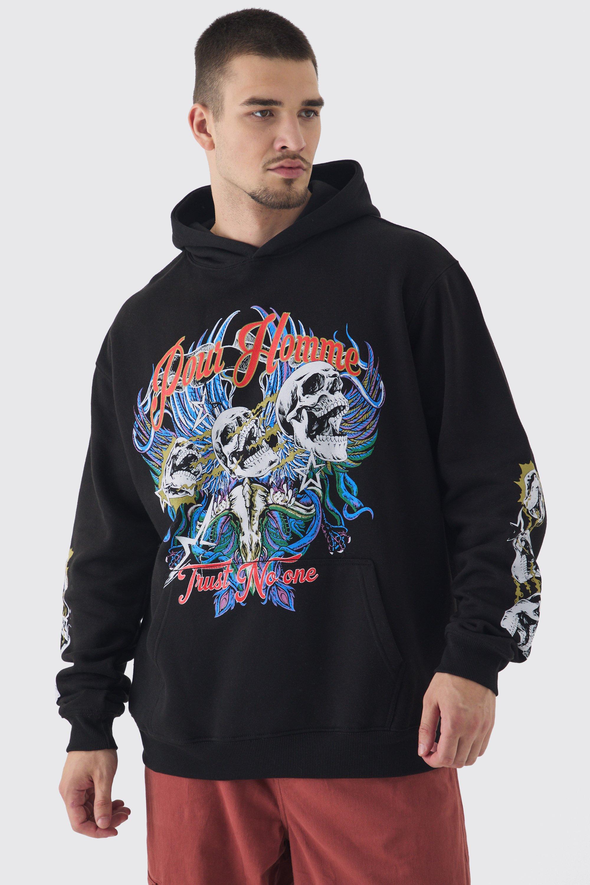 Mens Tall Pour Homme Skull Print Oversized Hoodie in Black, Black