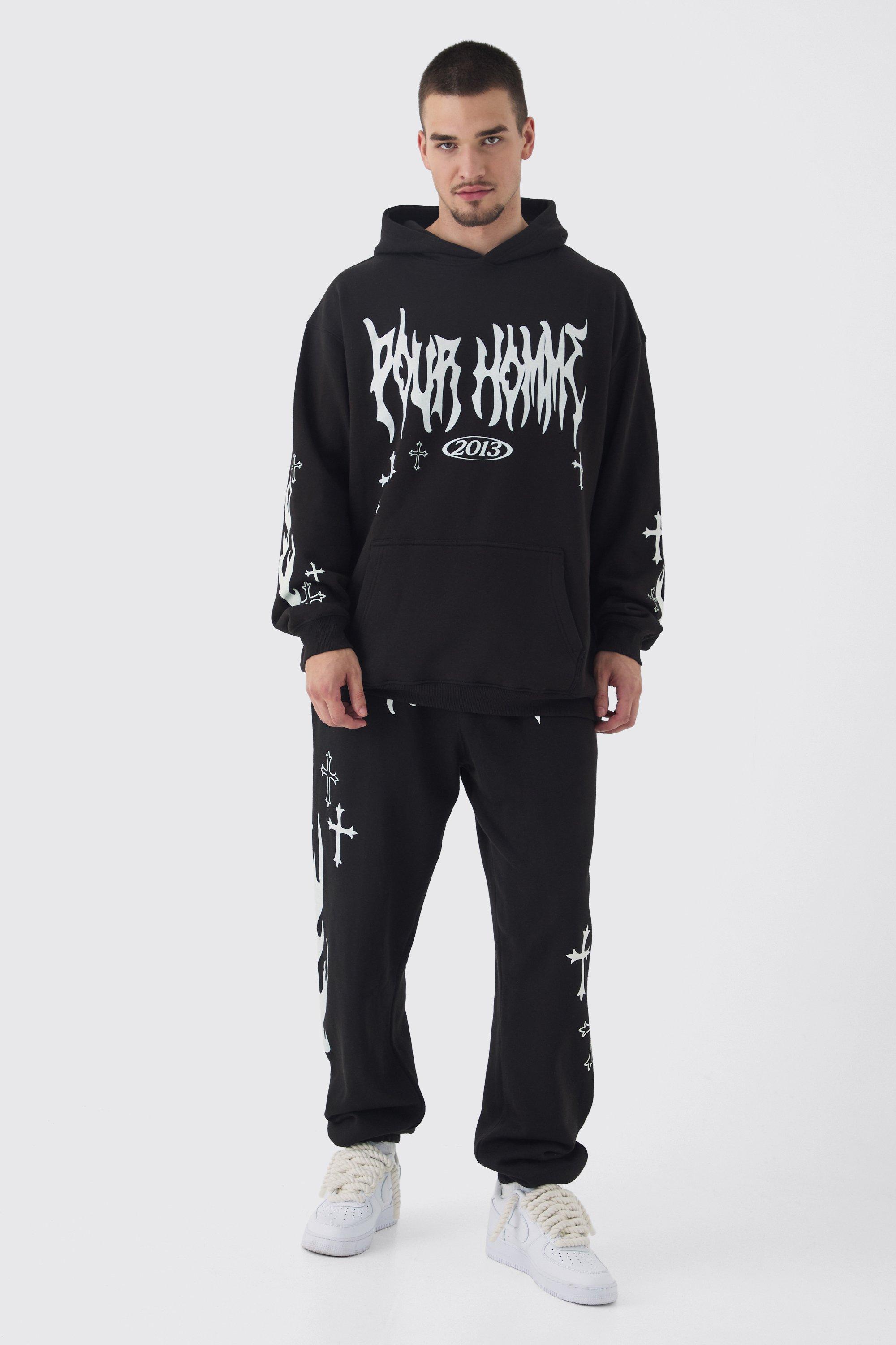 Mens Tall Pour Homme Cross Print Oversized Tracksuit in Black, Black