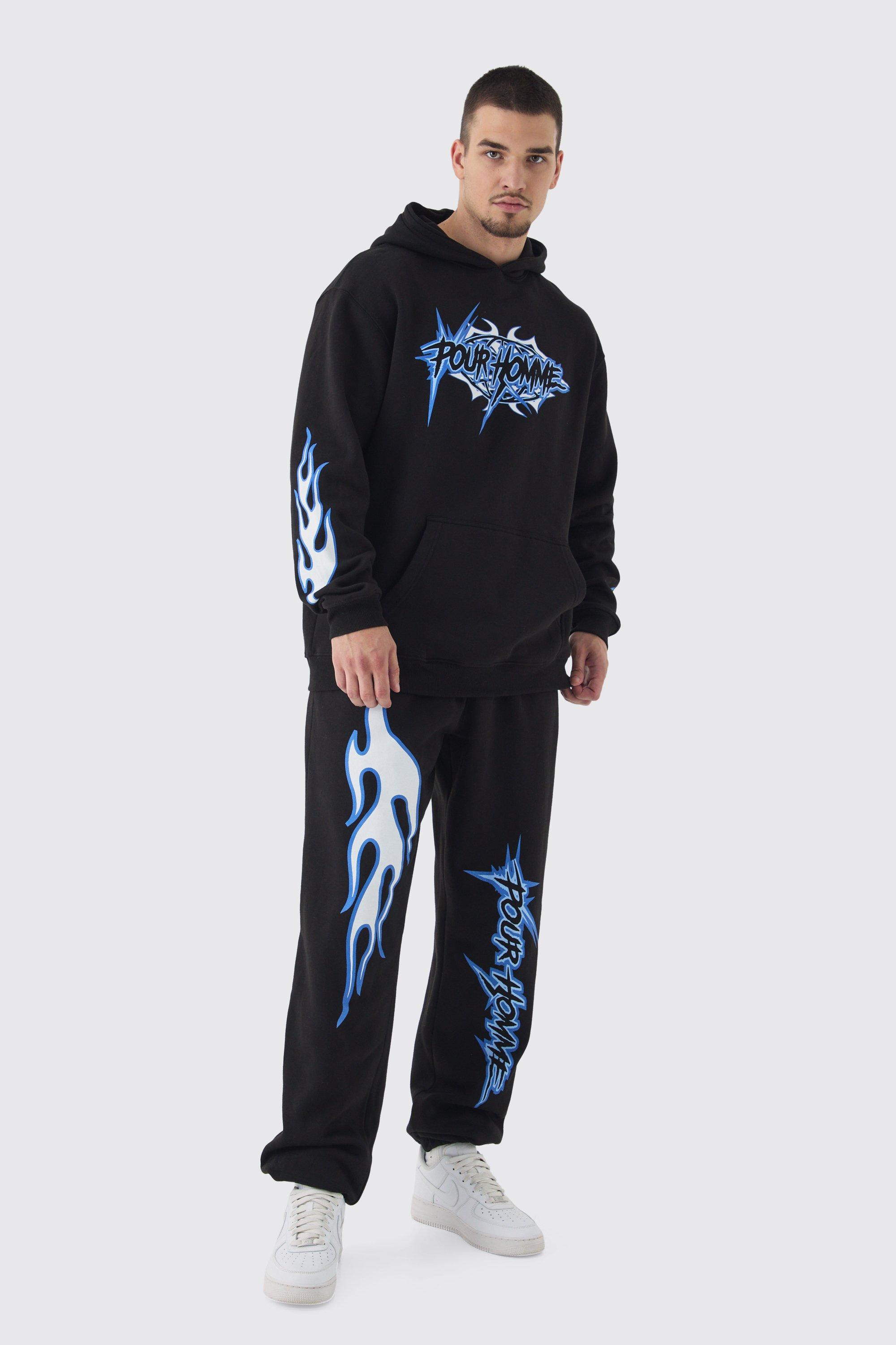 Mens Tall Pour Homme Print Oversized Tracksuit in Black, Black