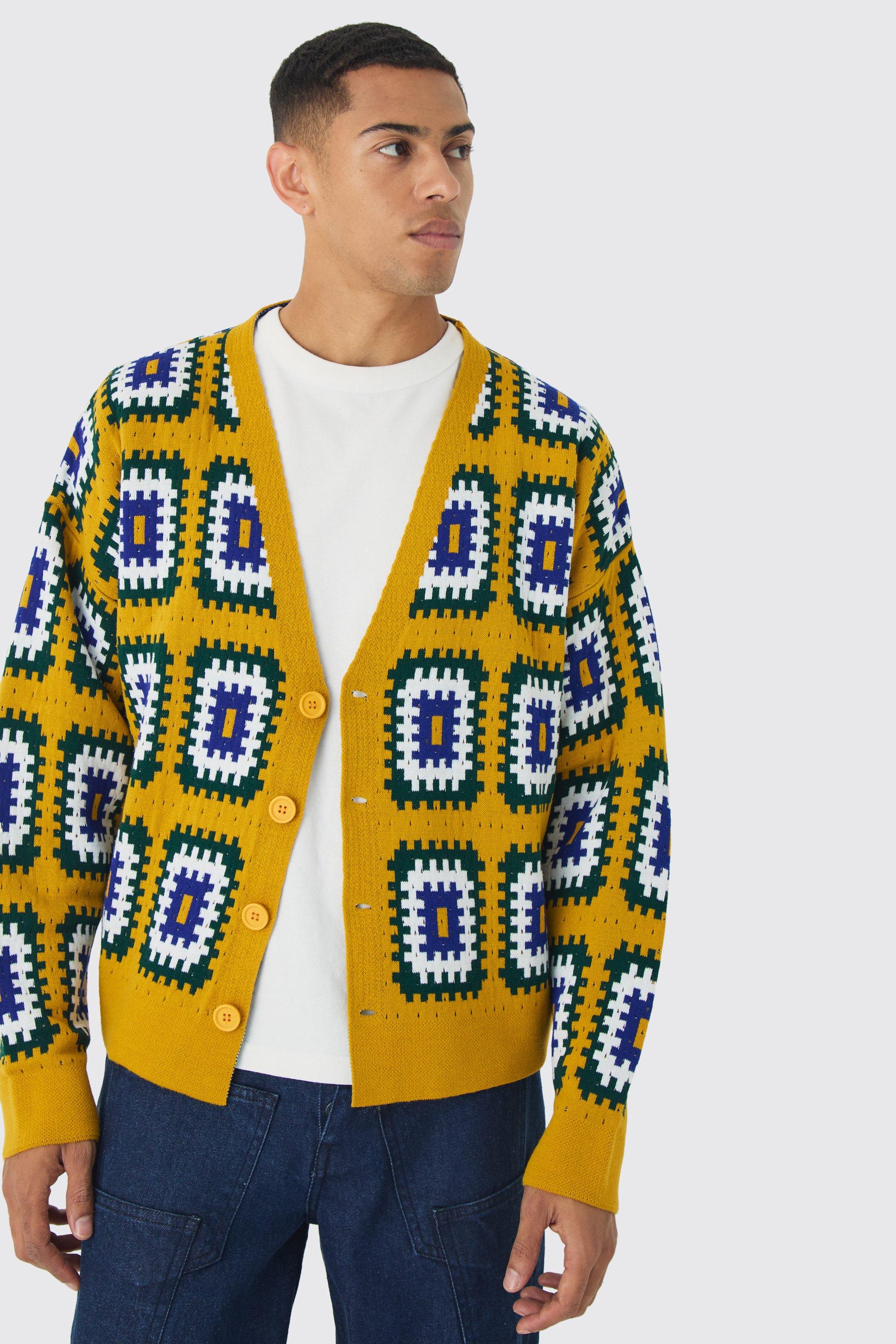 Cardigan squadrato oversize all'uncinetto, Giallo
