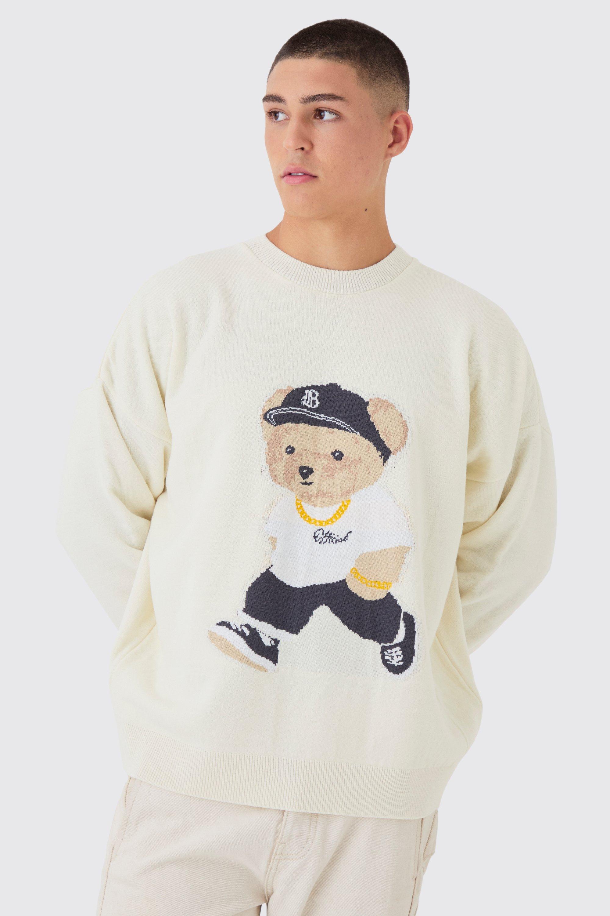 Mens Cream Oversized Teddy Graphic Jumper, Cream