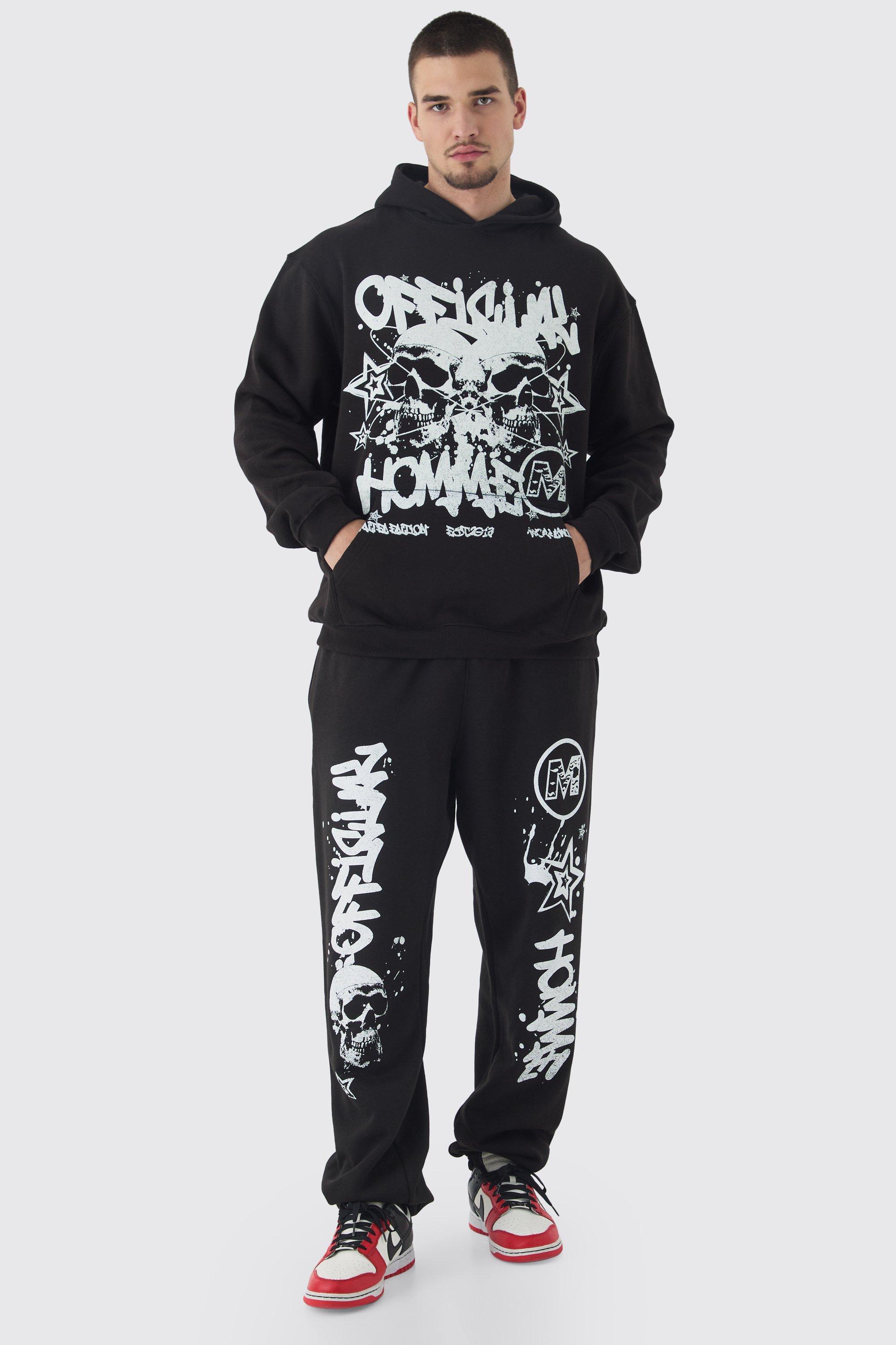 Mens Tall Official Homme Skull Print Oversized Tracksuit in Black, Black