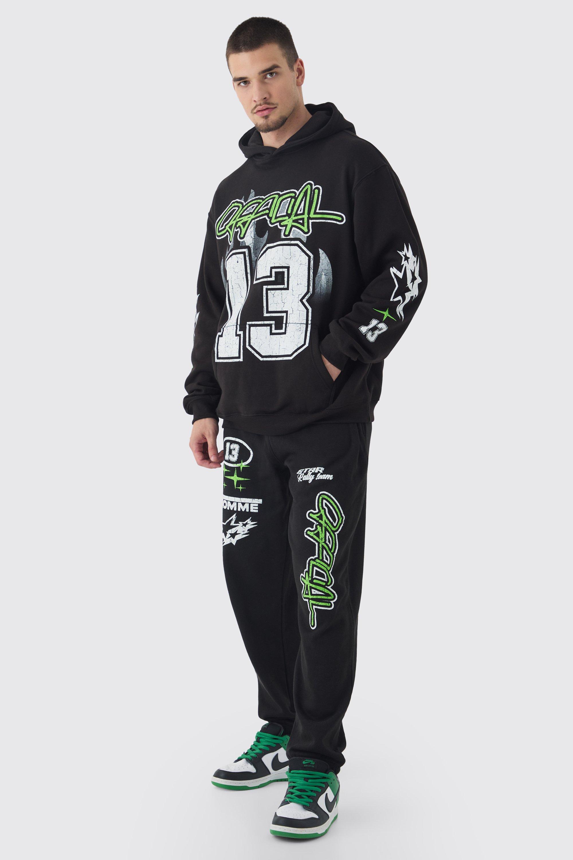 Mens Tall Official 13 Print Oversized Tracksuit in Black, Black