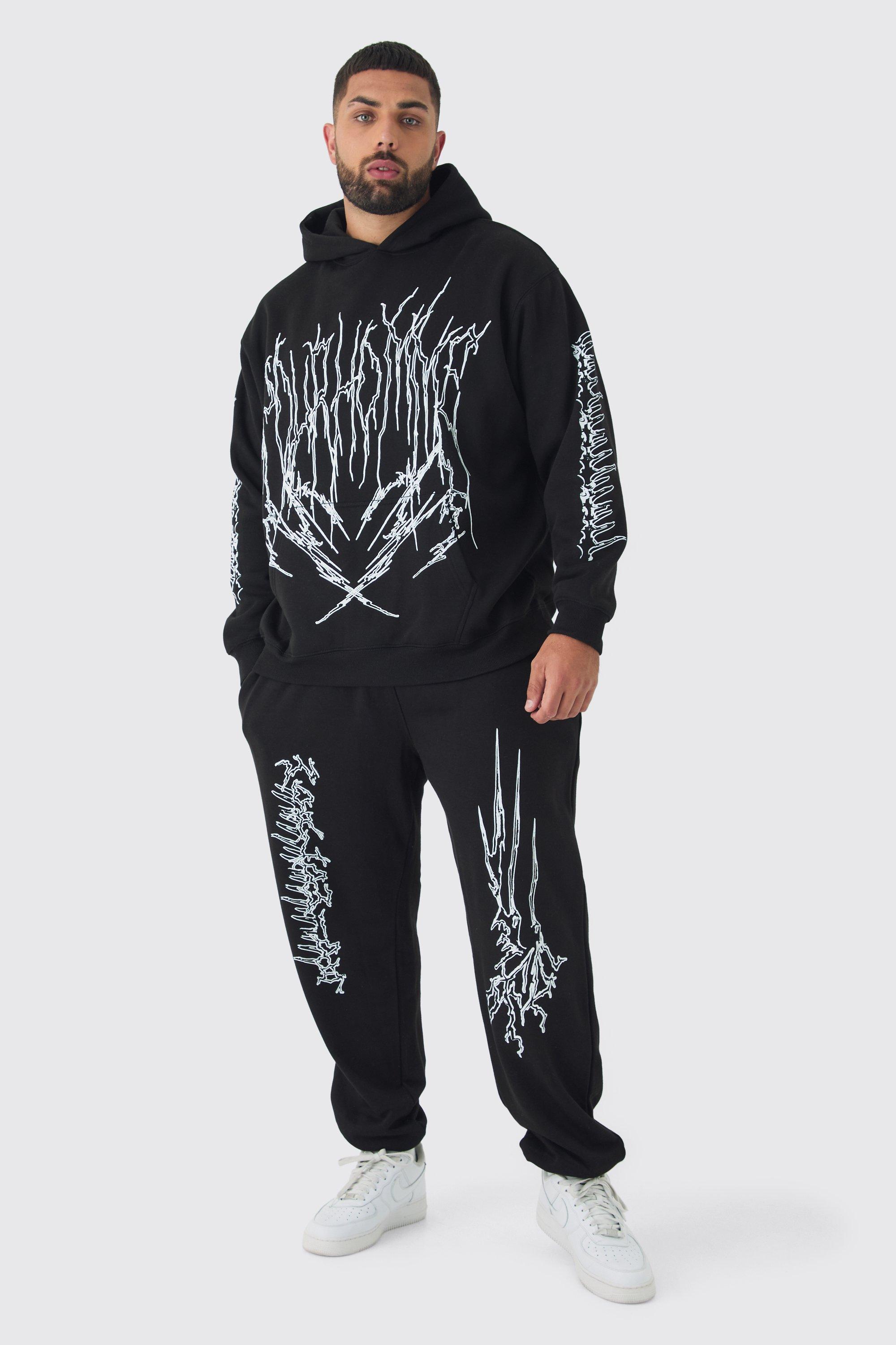 Mens Plus Pour Homme Cross Print Oversized Tracksuit in Black, Black