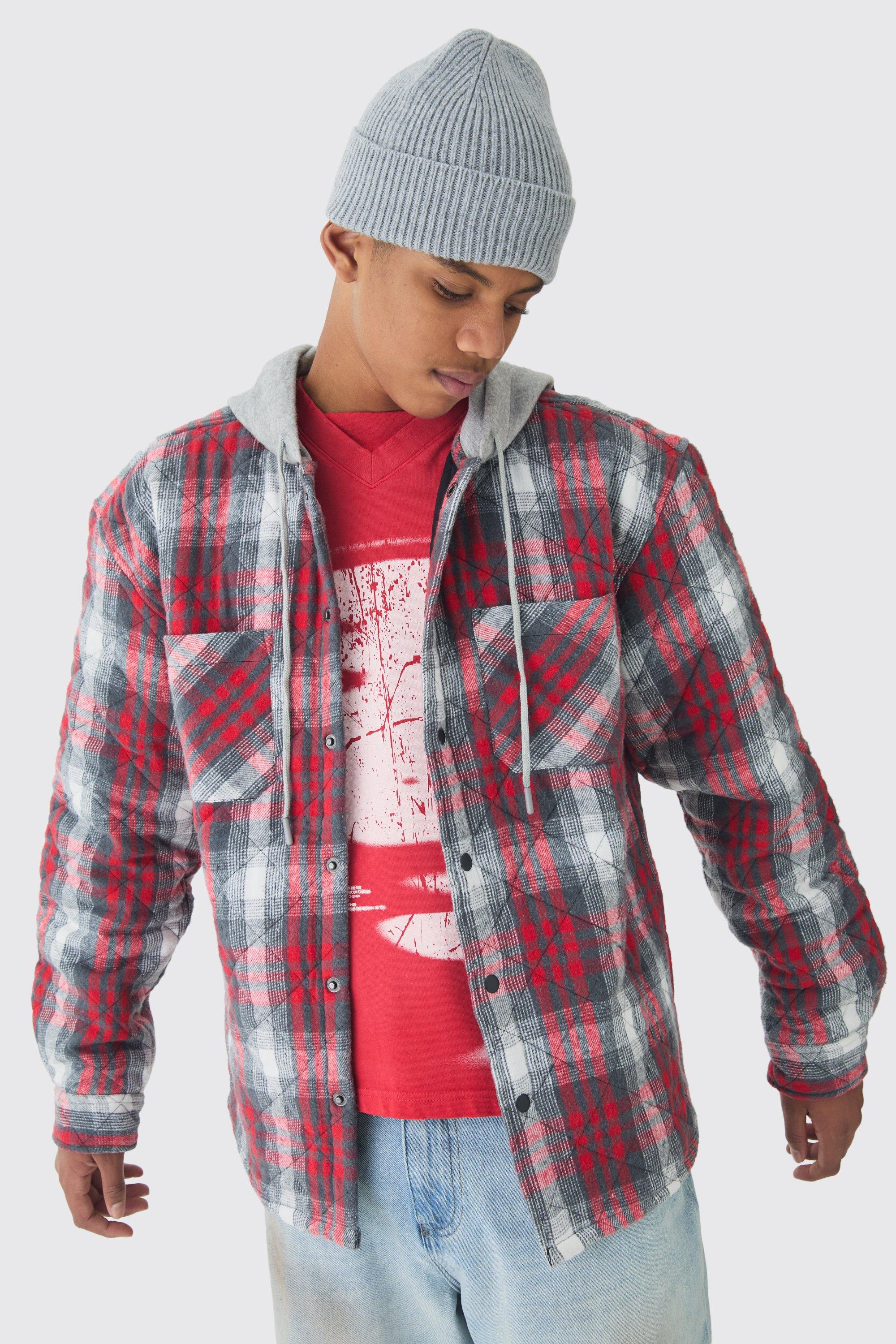 Mens Red Tall Back Print Jersey Hood Padded Checked Overshirt, Red