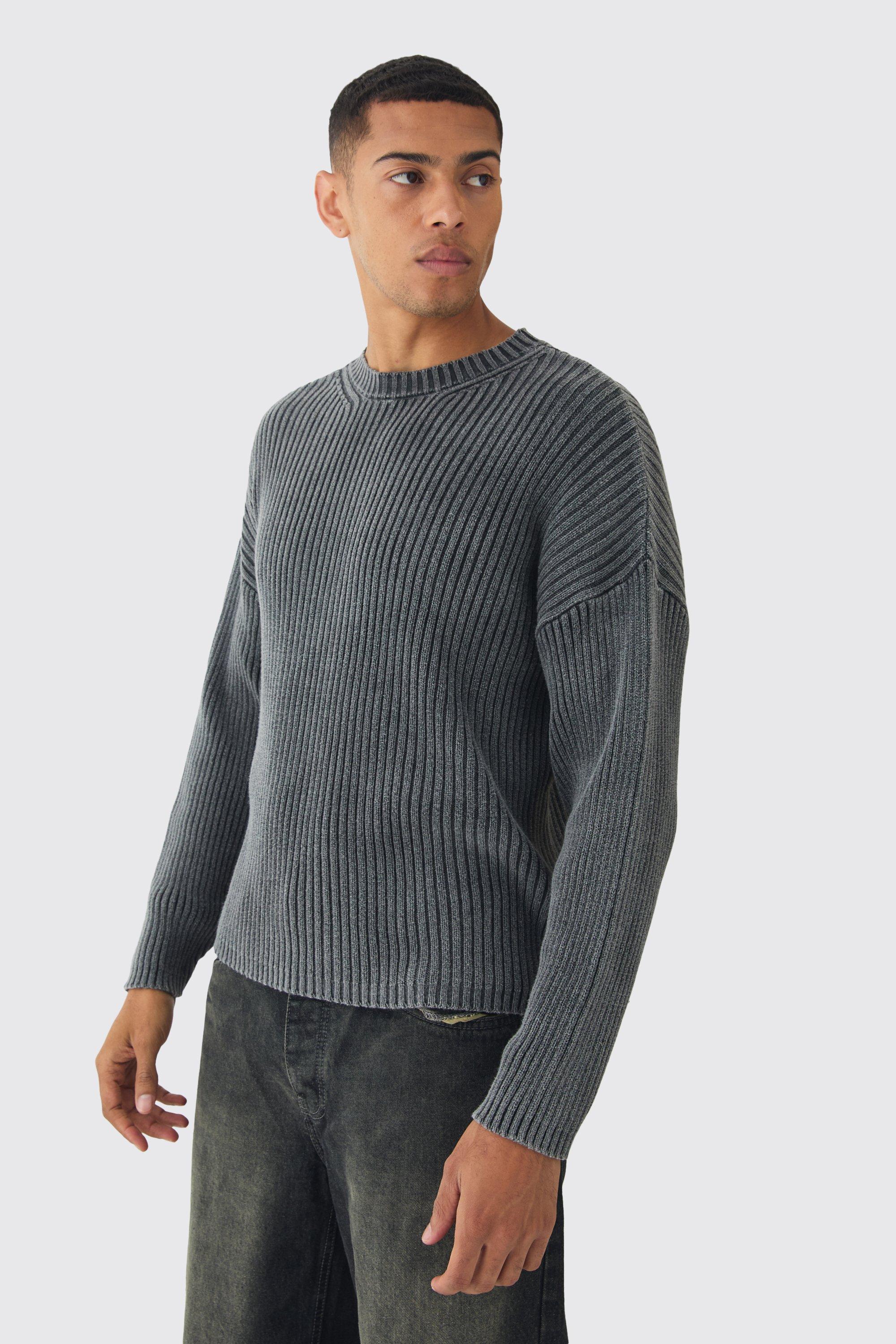 Mens Grey Oversized Boxy Acid Wash Jumper In Charcoal, Grey