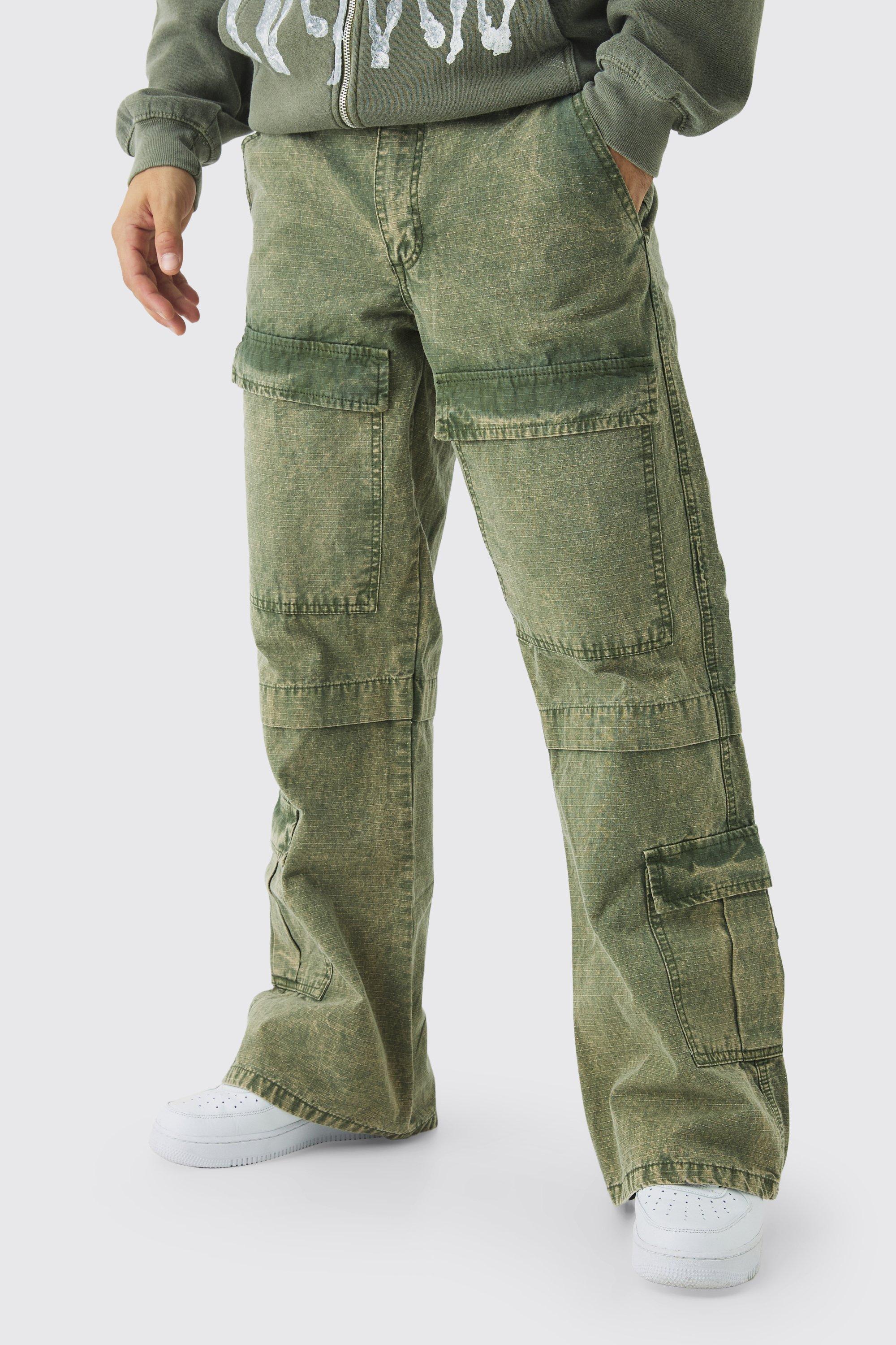 Mens Green Relaxed Flared Oil Wash Ripstop Cargo Trousers, Green