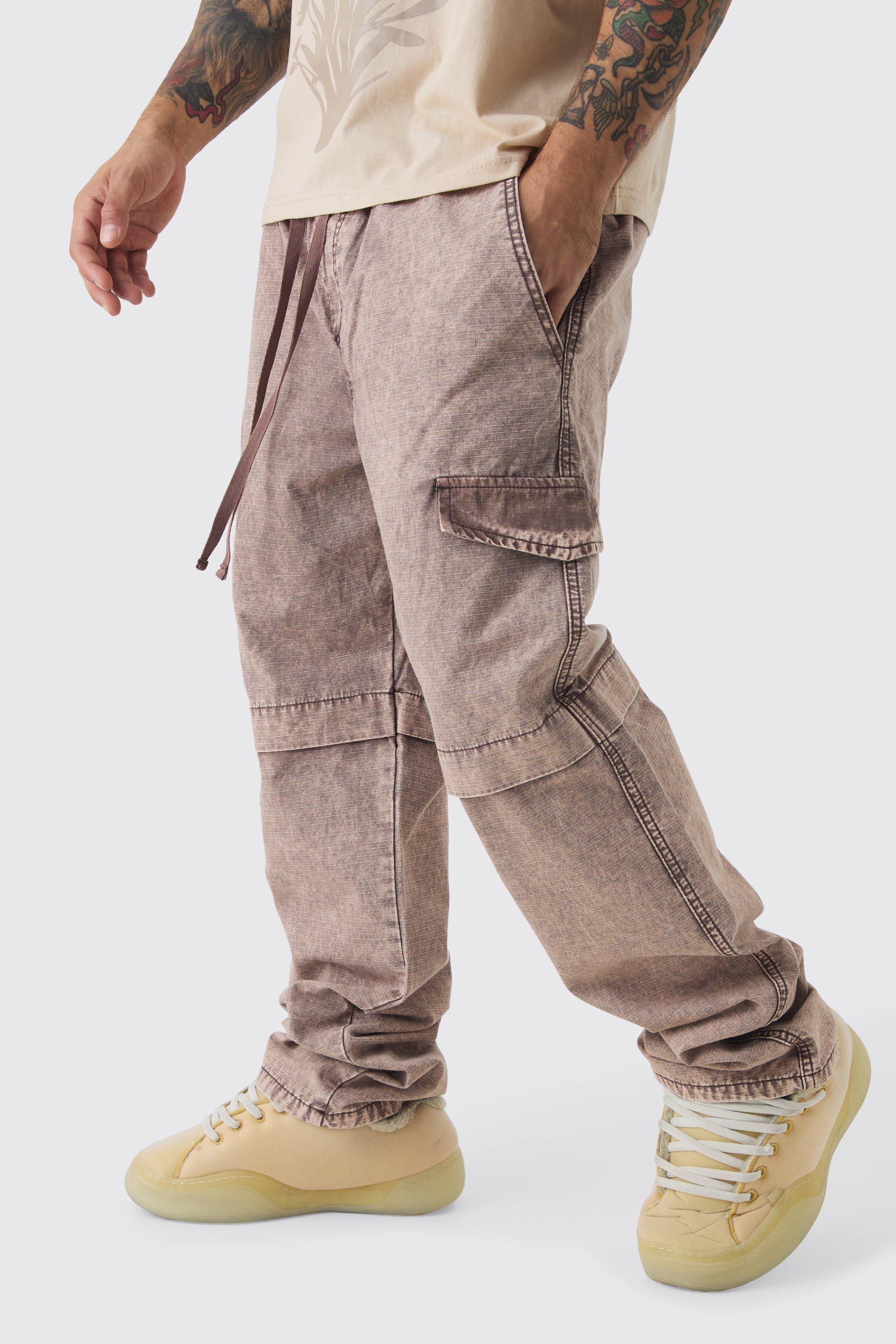 Mens Brown Elasticated Waist Relaxed Stacked Oil Wash Ripstop Cargo Trousers, Brown