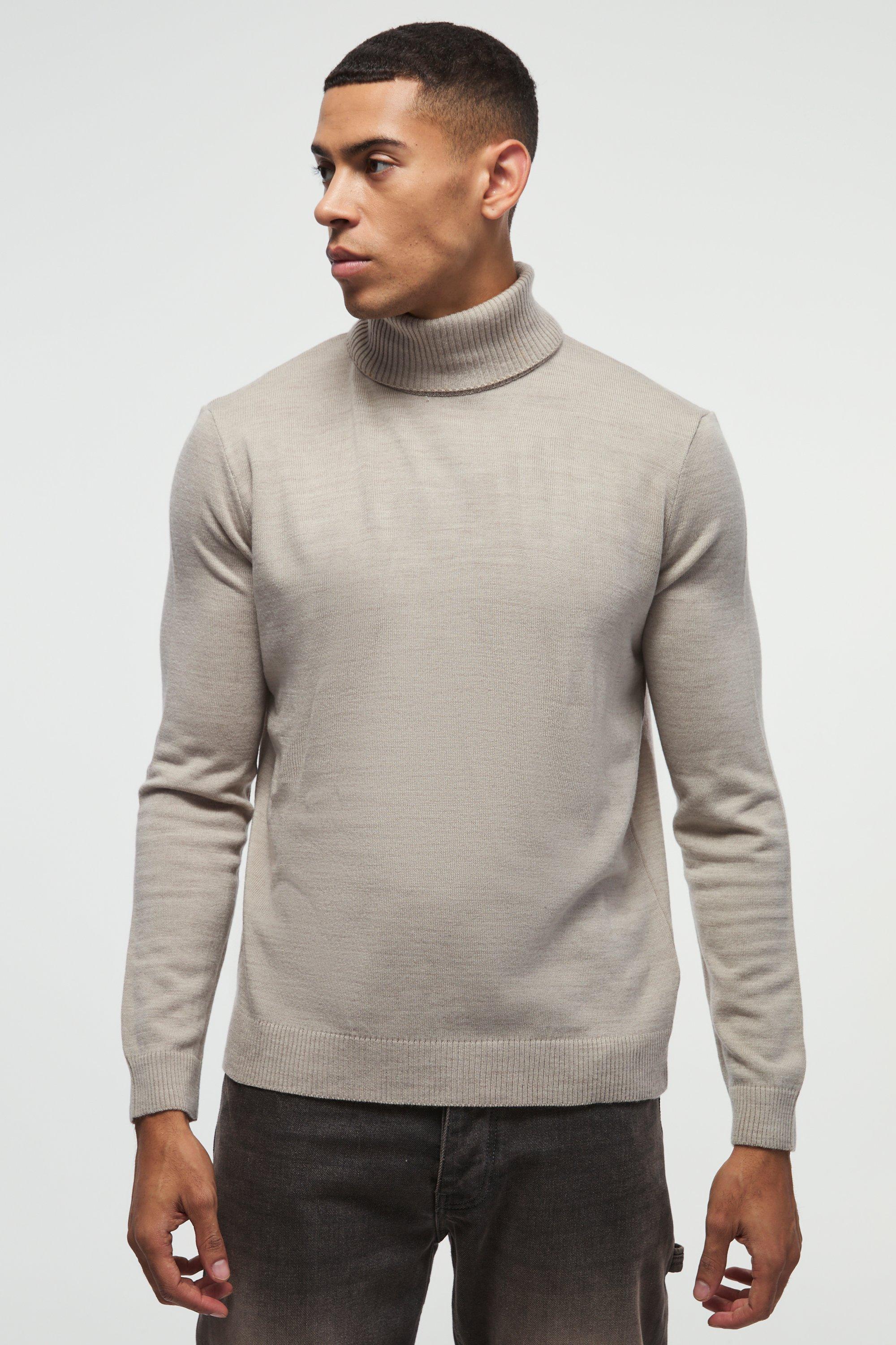 Maglione a maniche lunghe color pietra con collo alto, Beige