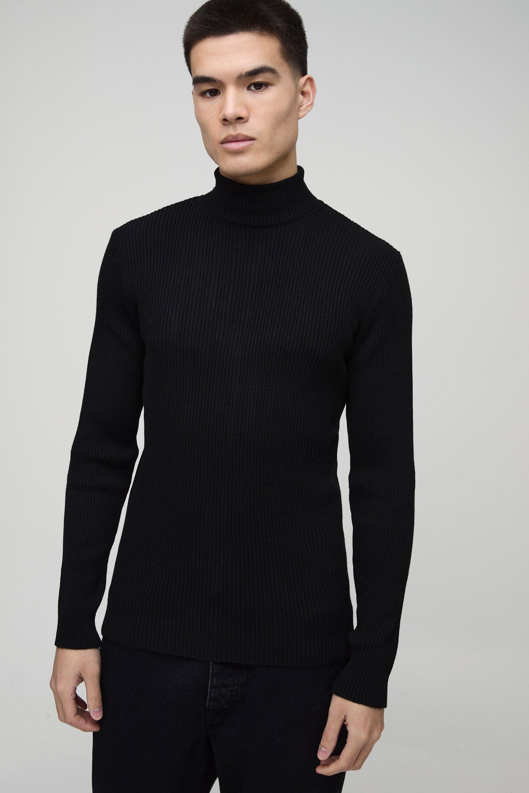 Maglione attillato in maglia a coste nero con collo alto, Nero