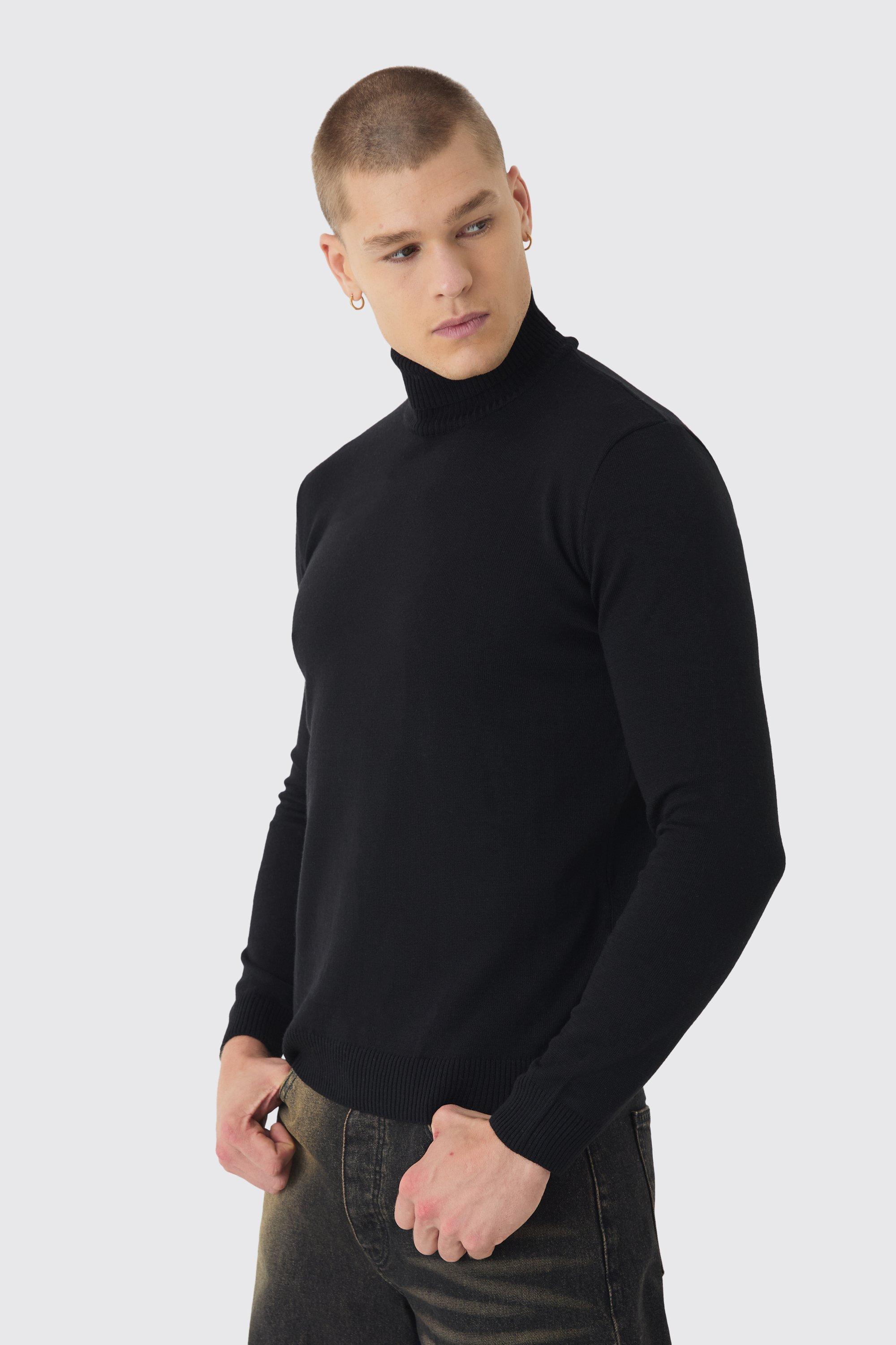 Maglione nero a maniche lunghe con collo alto, Nero