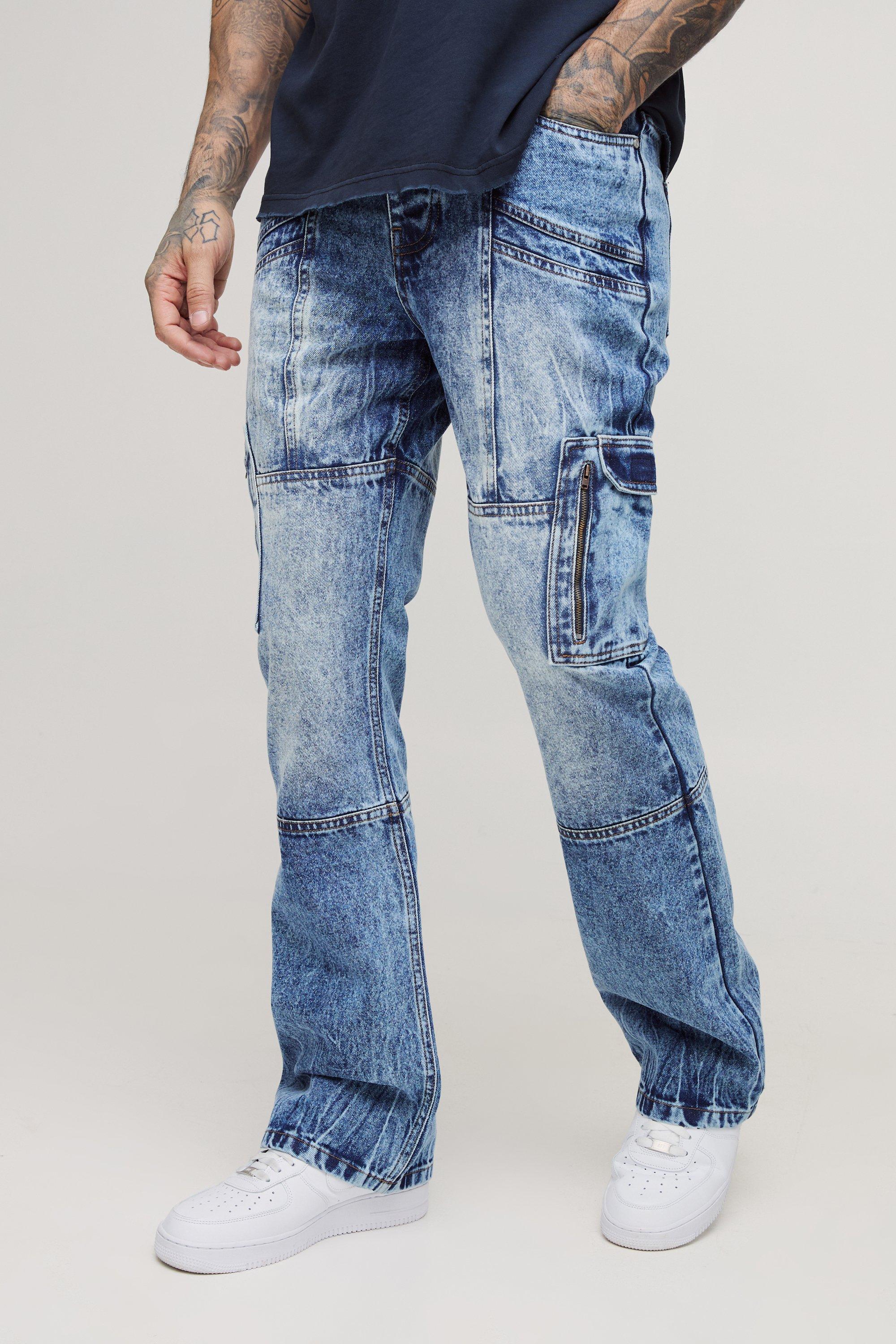 Mens Grey Tall Acid Wash Panel Cargo Flared Jeans, Grey