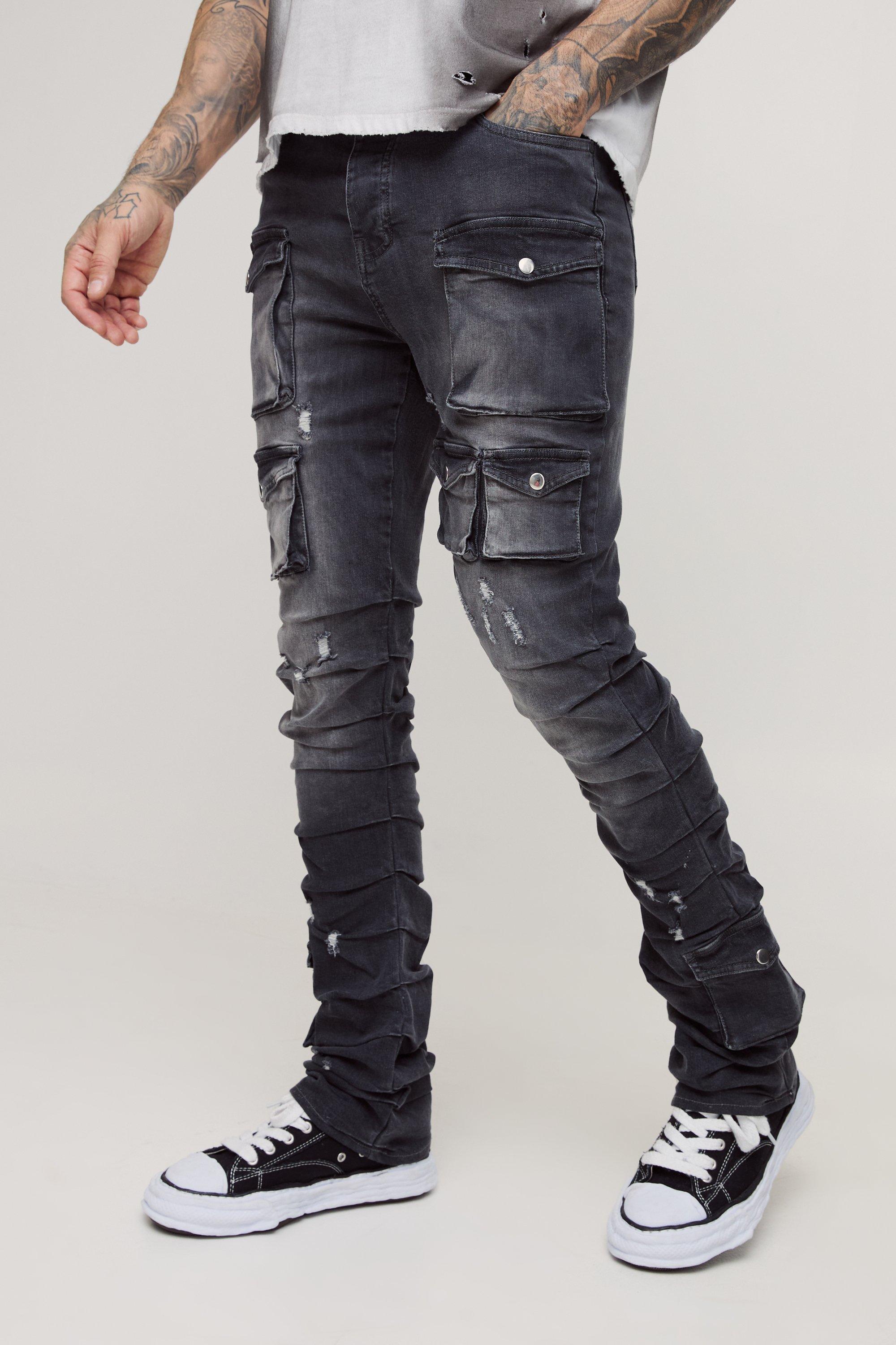Mens Grey Tall Stacked Multi Cargo Pocket Flared Jeans, Grey