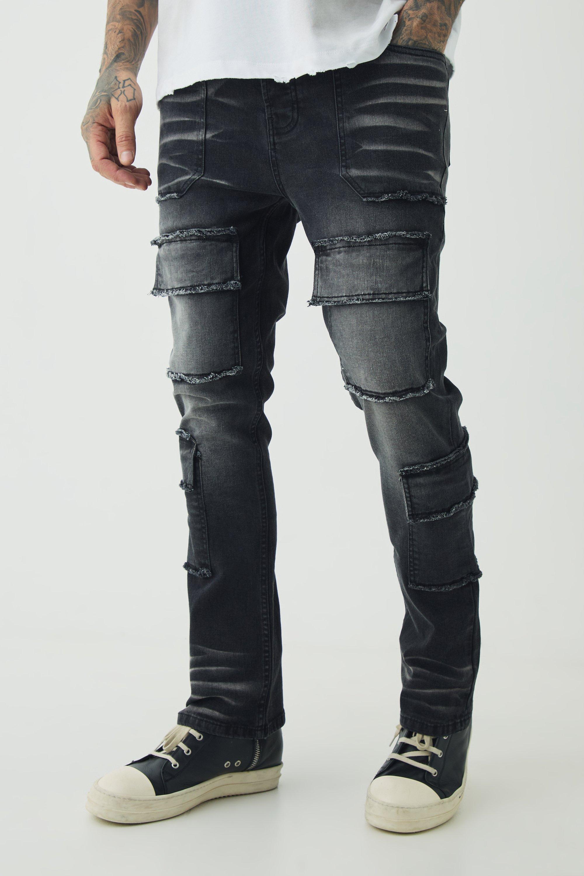 Mens Black Tall Raw Seam Detail Stretch Skinny Cargo Flared Jeans, Black