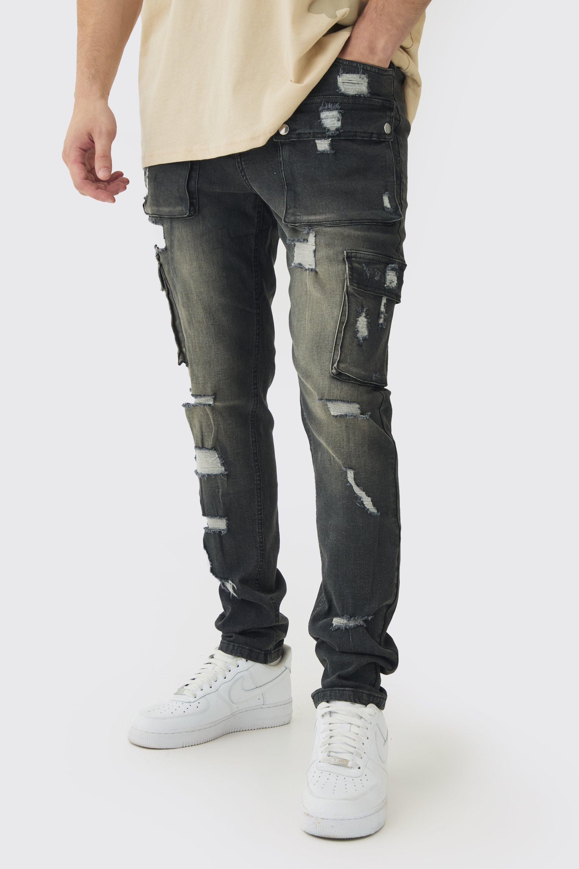 Mens Black Tall Skinny Fit Ripped Cargo Jeans, Black