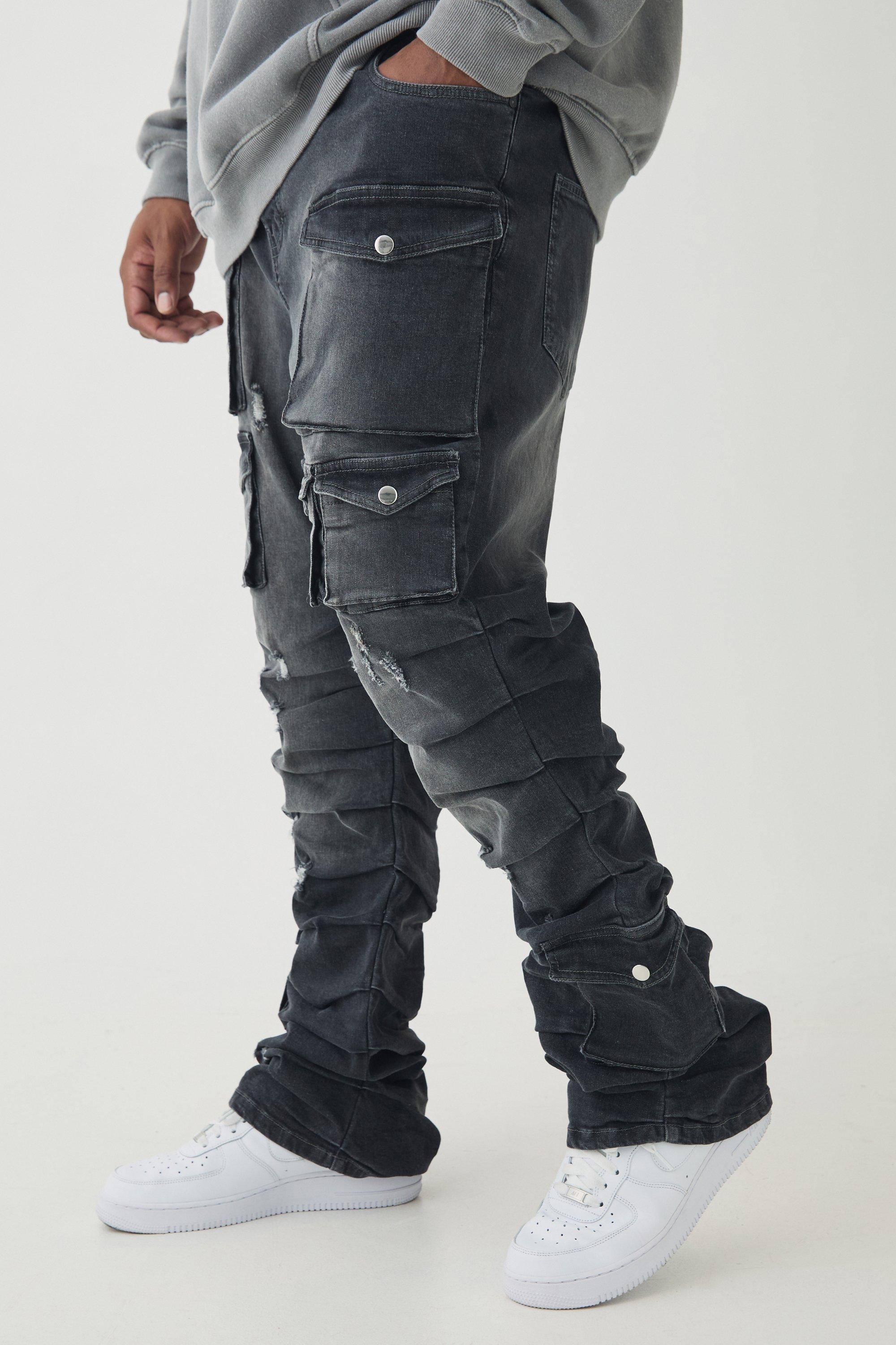 Mens Grey Plus Stacked Multi Cargo Pocket Flared Jeans, Grey