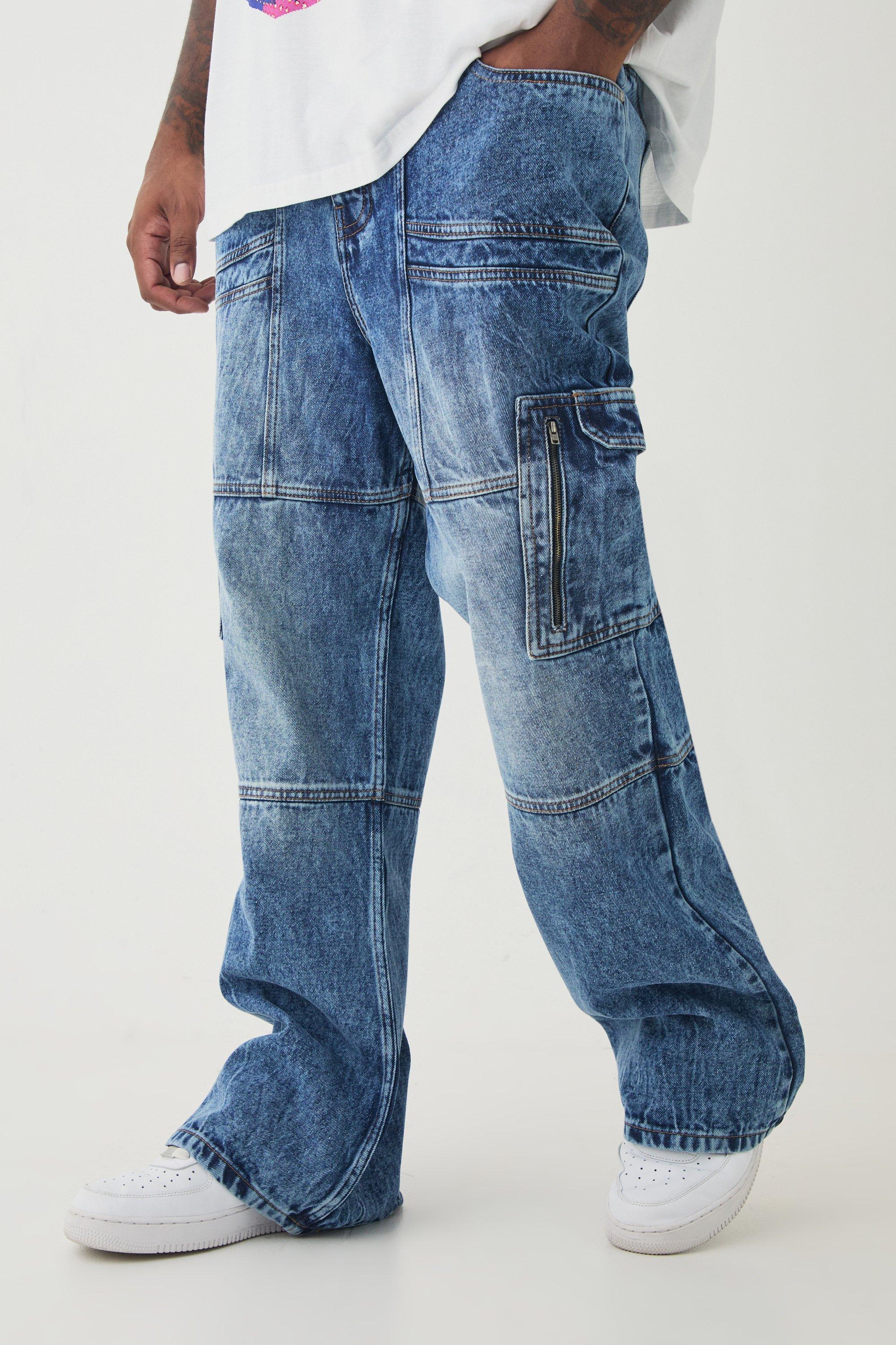 Boohoo Plus Acid Wash Gebleekte Cargo Jeans Met Panelen En Wijde Pijpen, Antique Wash