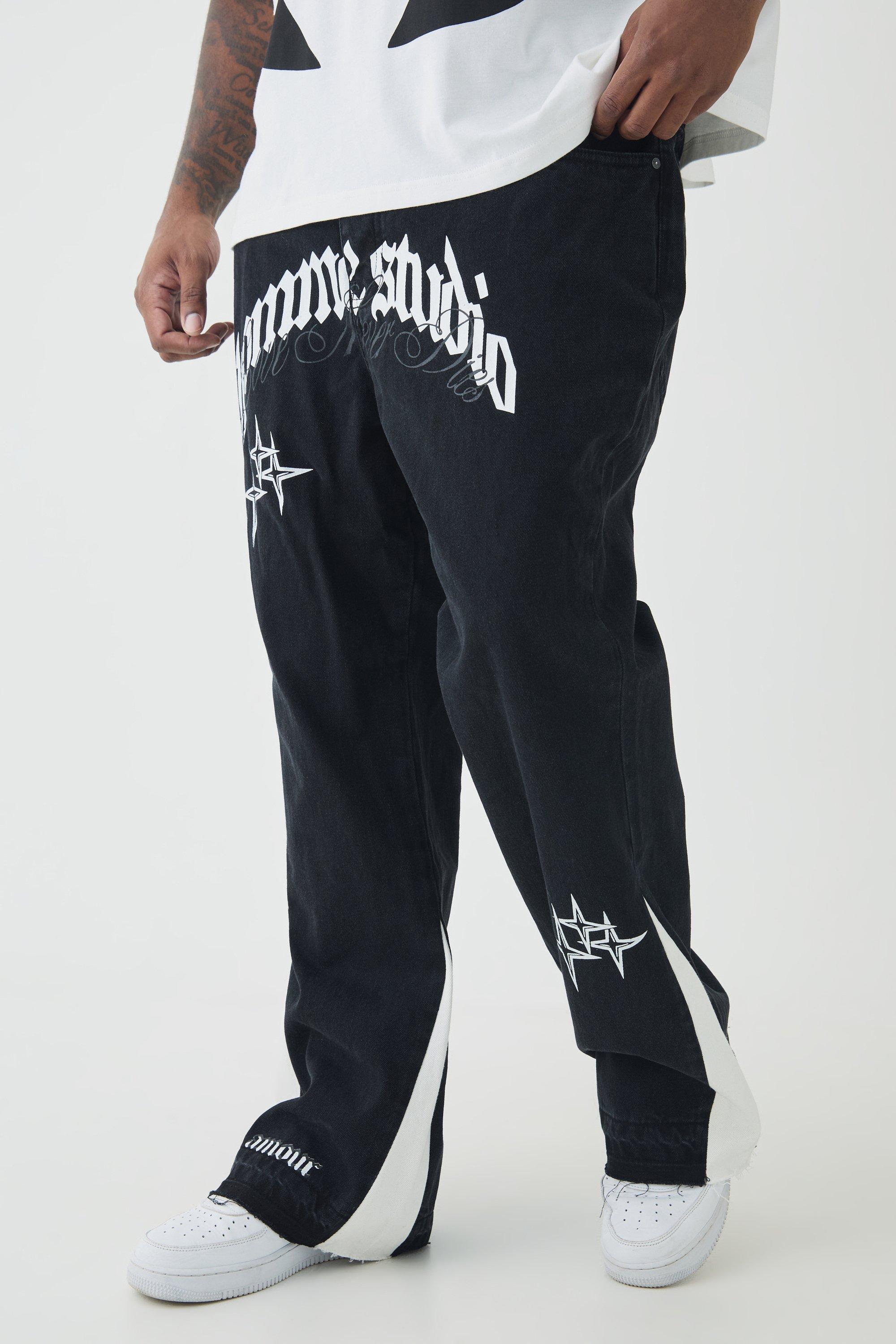 Mens Black Plus Crotch Applique Gusset Detail Flared Jeans, Black