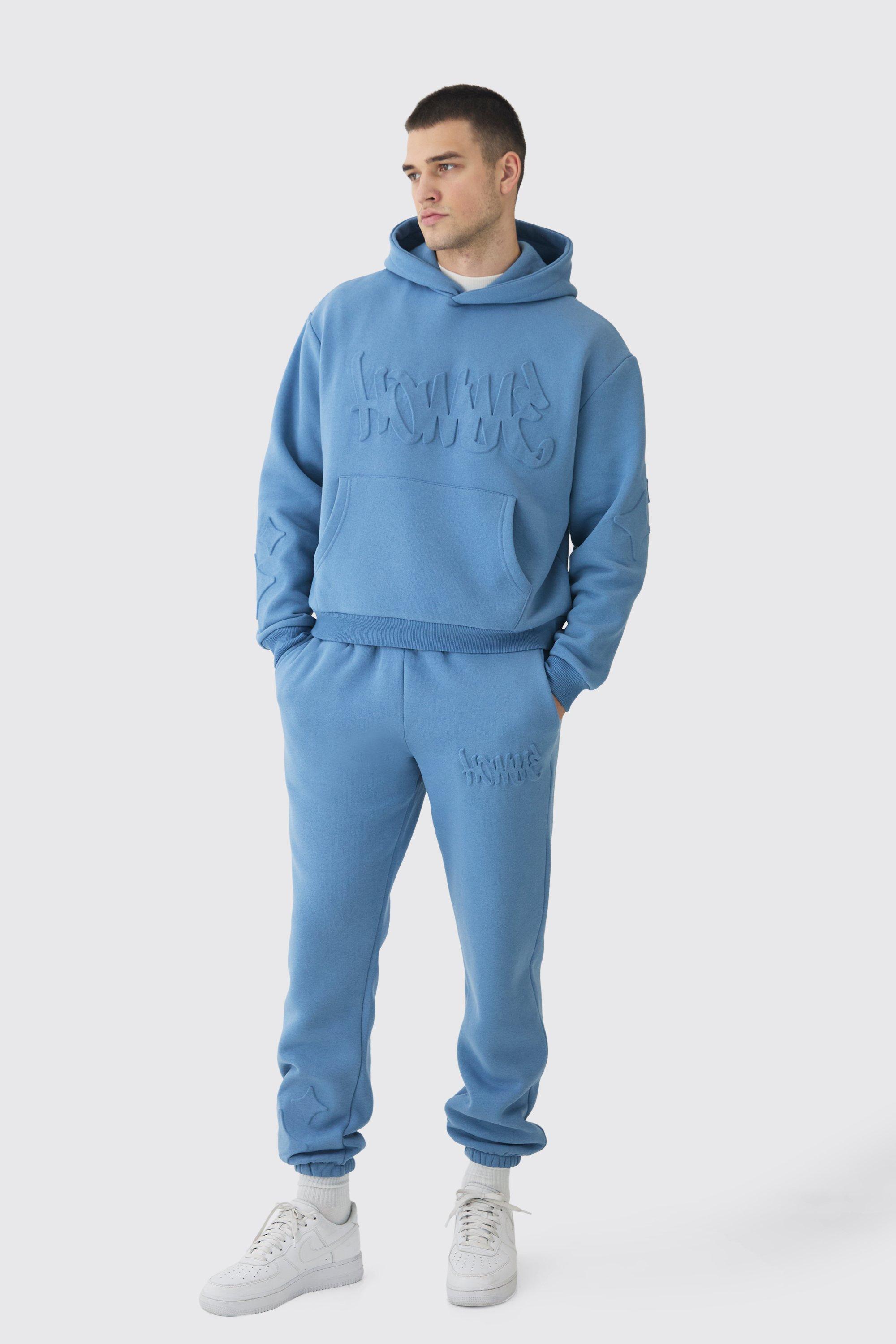 Mens Blue Oversized Boxy Homme Emboss Tracksuit, Blue