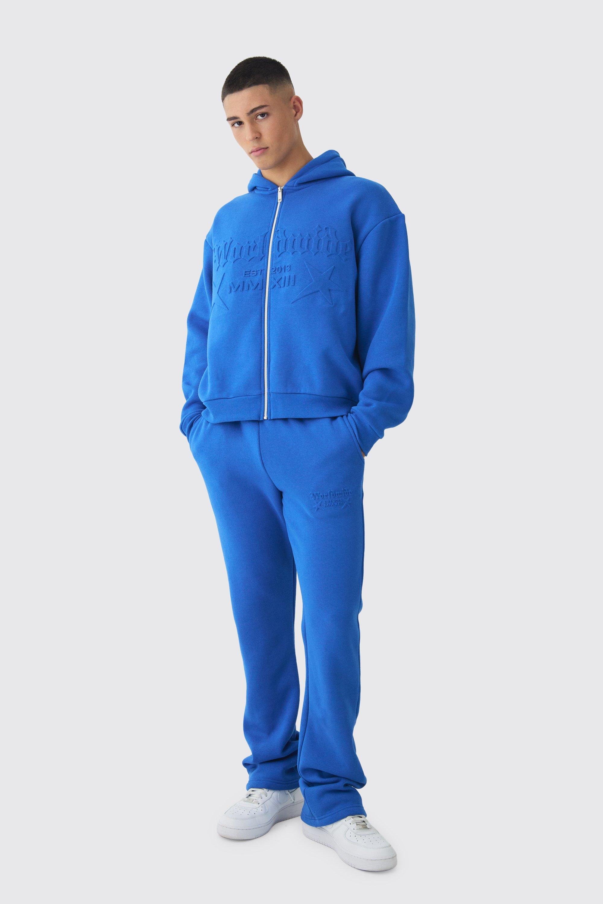 Mens Blue Oversized Boxy Worldwide Embossed Tracksuit, Blue