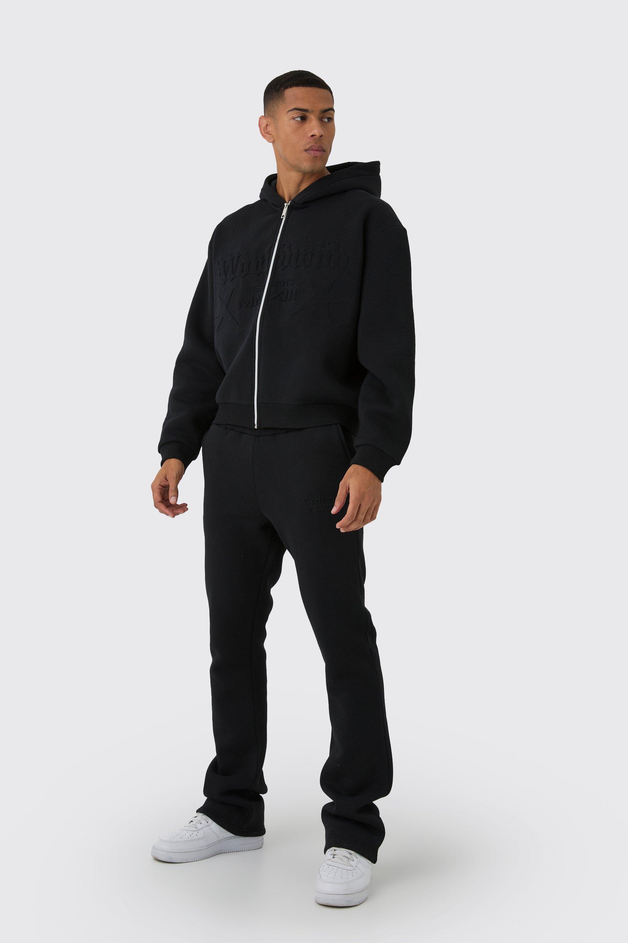 Mens Black Oversized Boxy Worldwide Embossed Tracksuit, Black