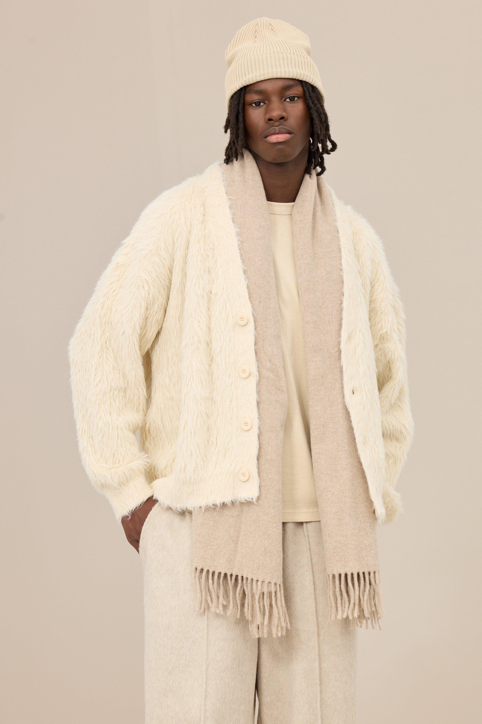 Mens Cream Oversized Boxy Super Fluffy Knitted Cardigan, Cream