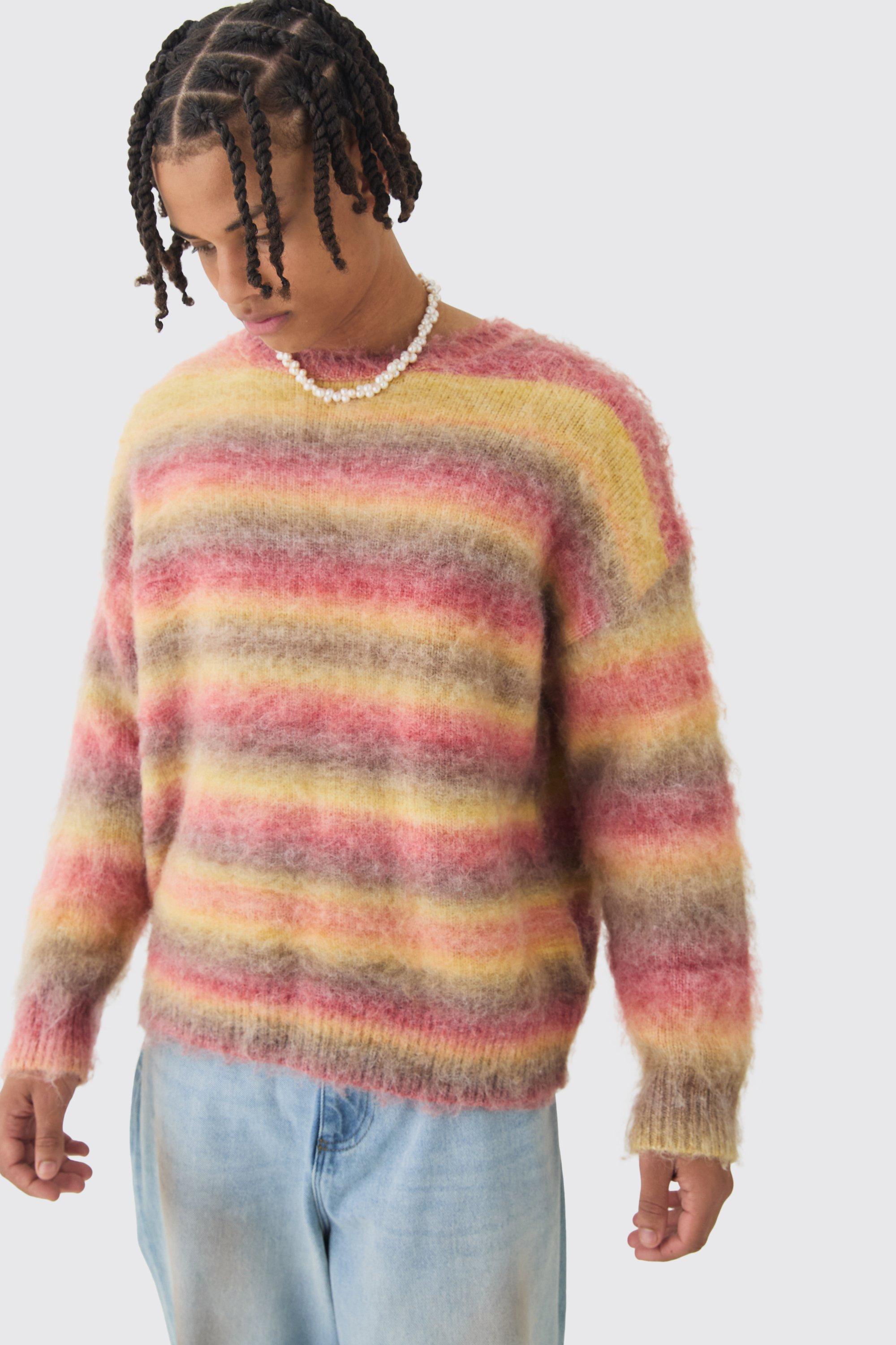 Image of Maglione squadrato oversize in maglia spazzolata a righe, Rosso