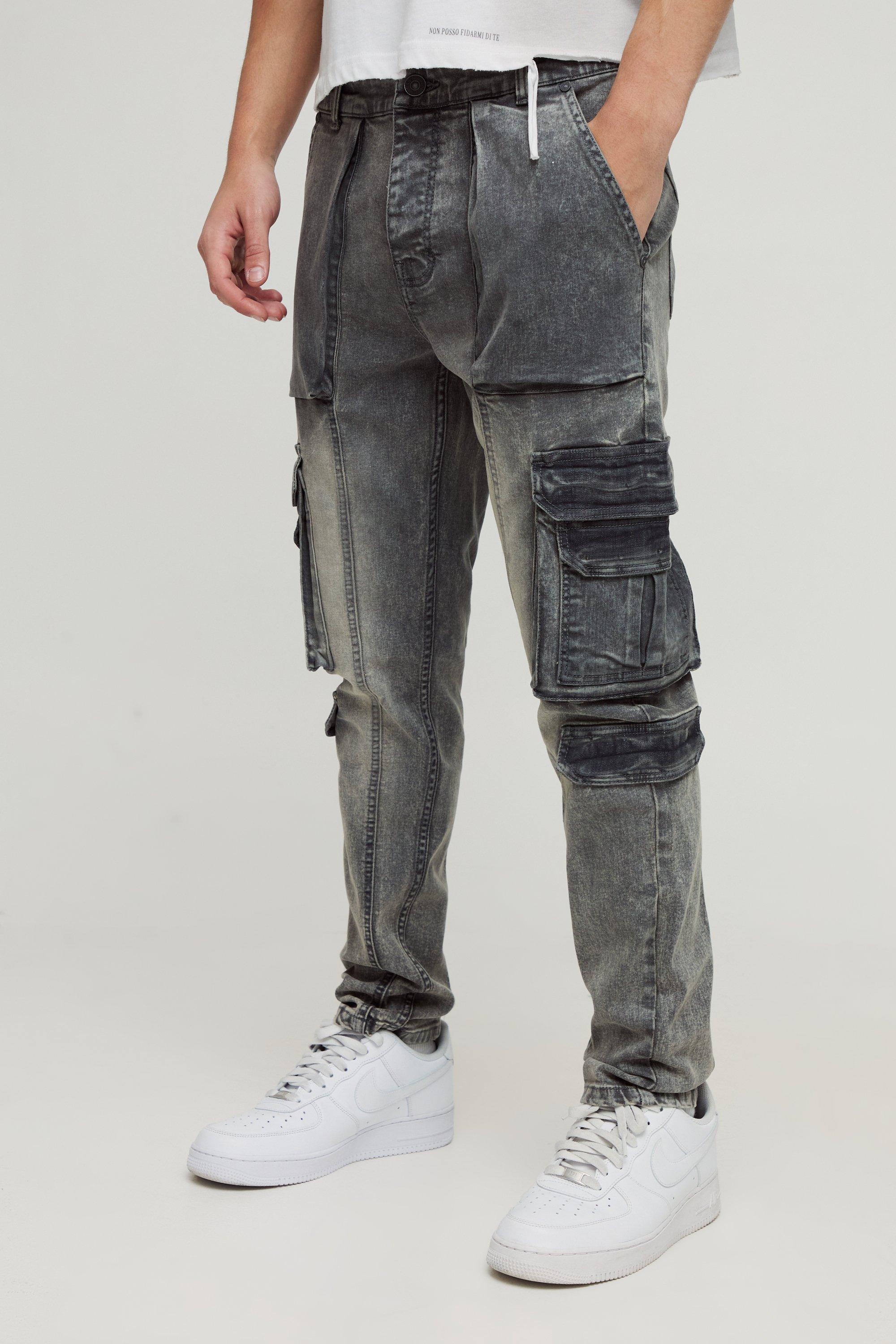 Mens Grey Skinny Fit Multi Cargo Jeans, Grey
