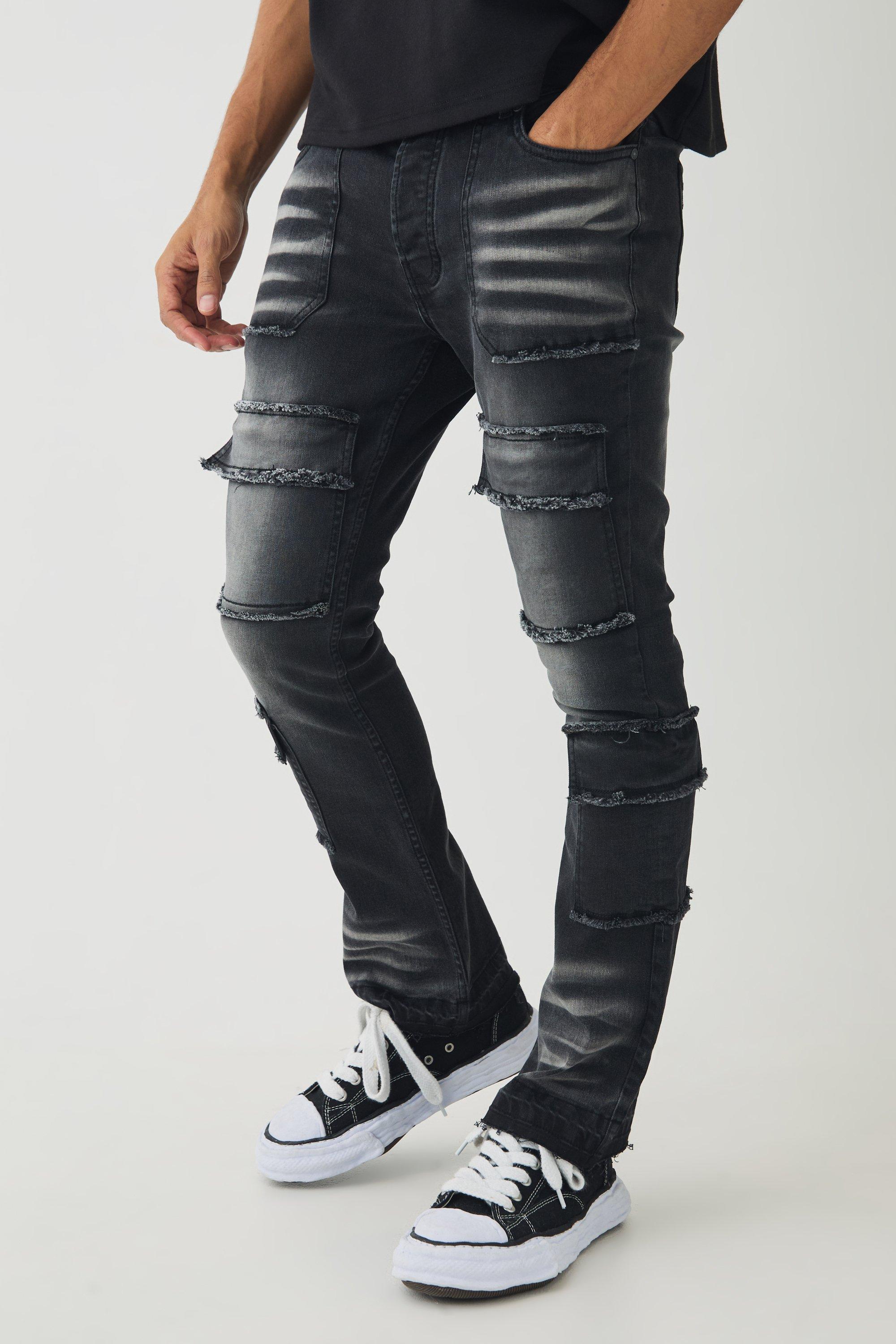 Boohoo Flared Stretch Skinny Cargo Skinny Jeans Met Onbewerkte Naaddetail, Washed Black