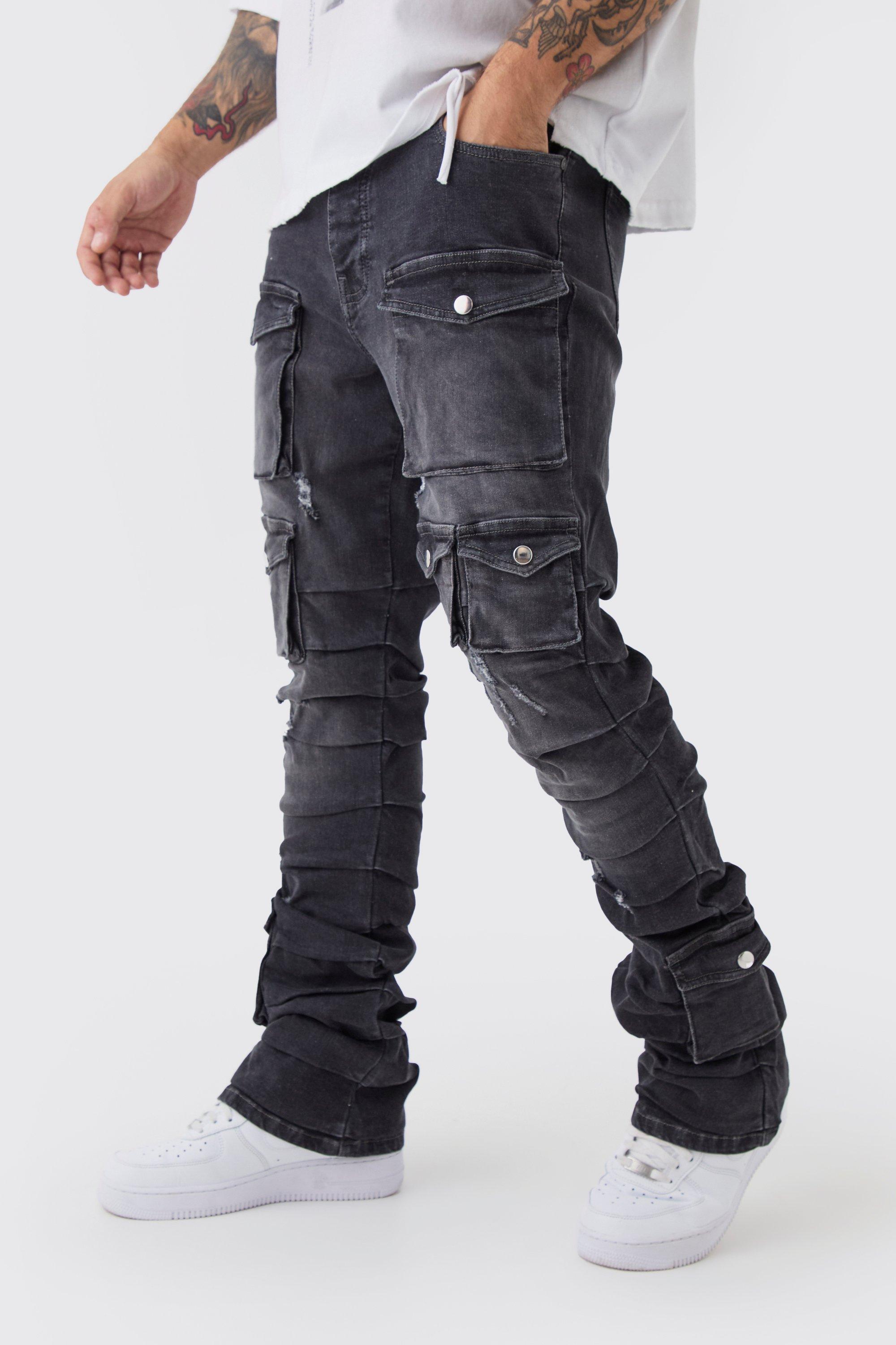 Mens Grey Skinny Stacked Multi Cargo Pocket Flared Jeans, Grey