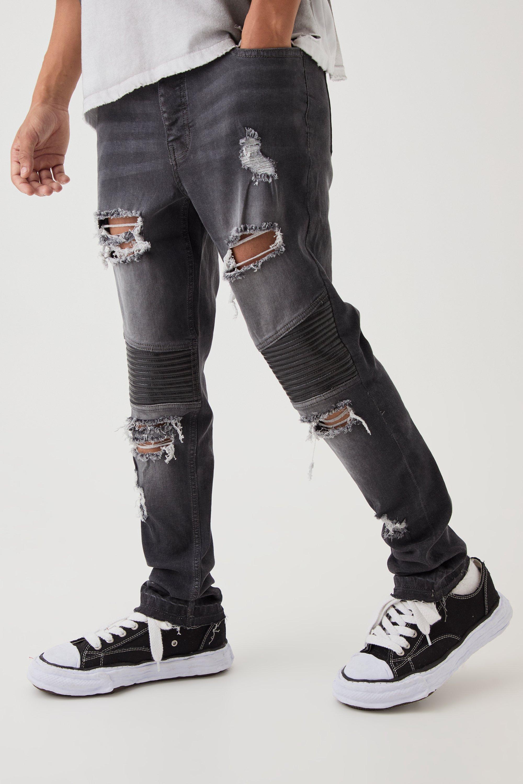 Jeans stile Biker Skinny Fit effetto smagliato con fondo grezzo, Grigio