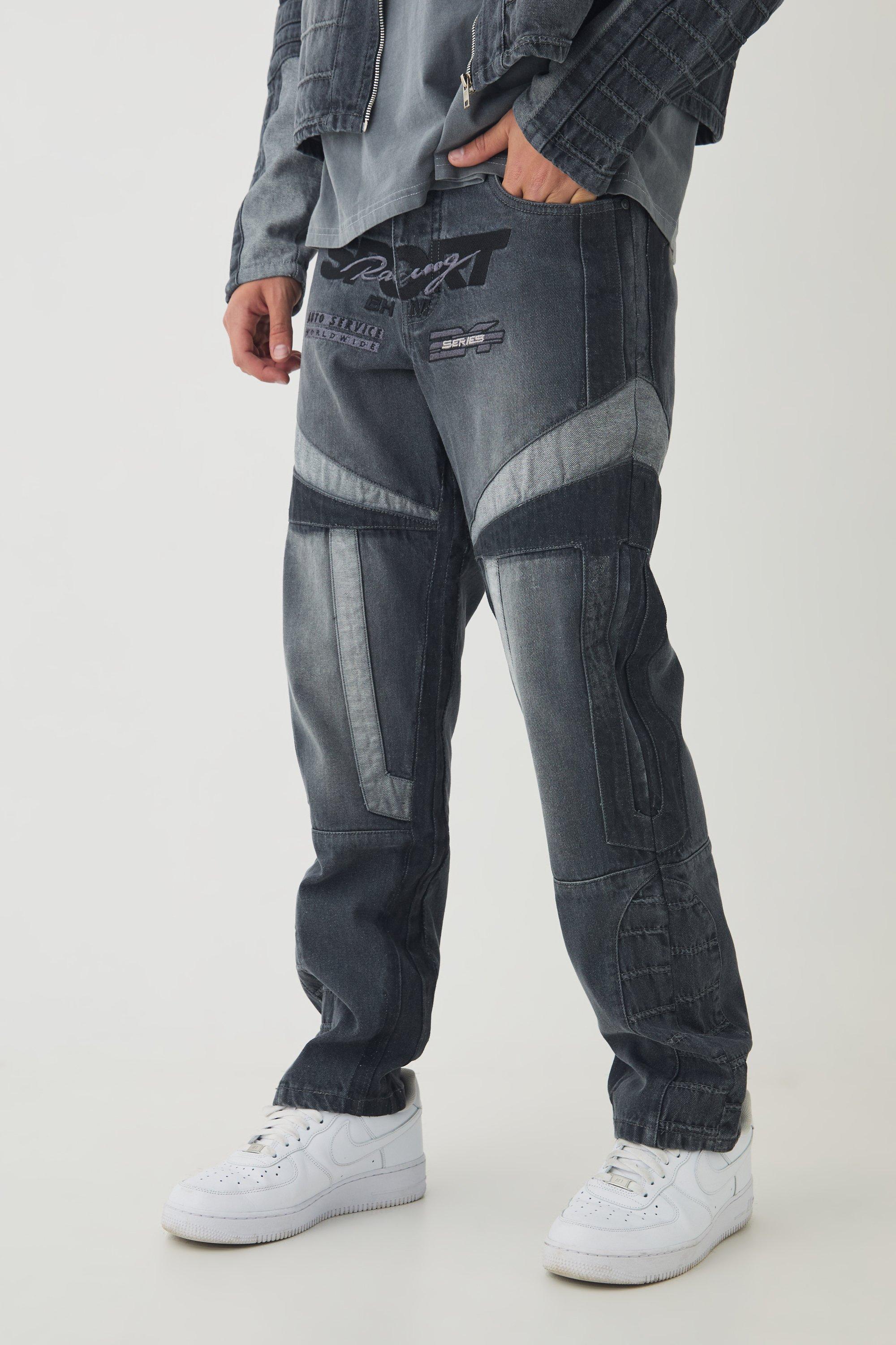 Mens Grey Straight Leg Moto Applique Jeans, Grey