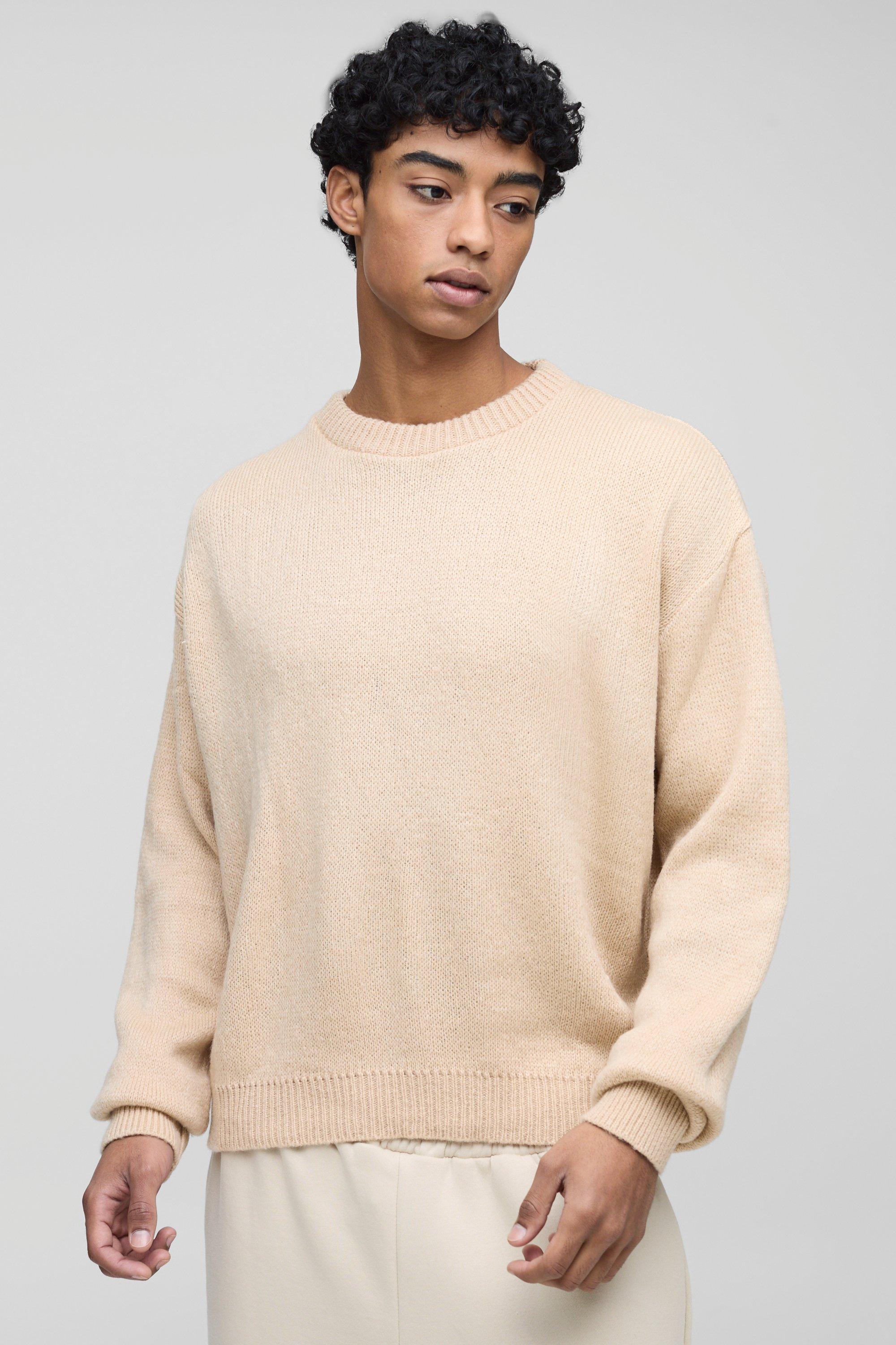 Mens Beige Oversized Boxy Brushed Knitted Jumper, Beige