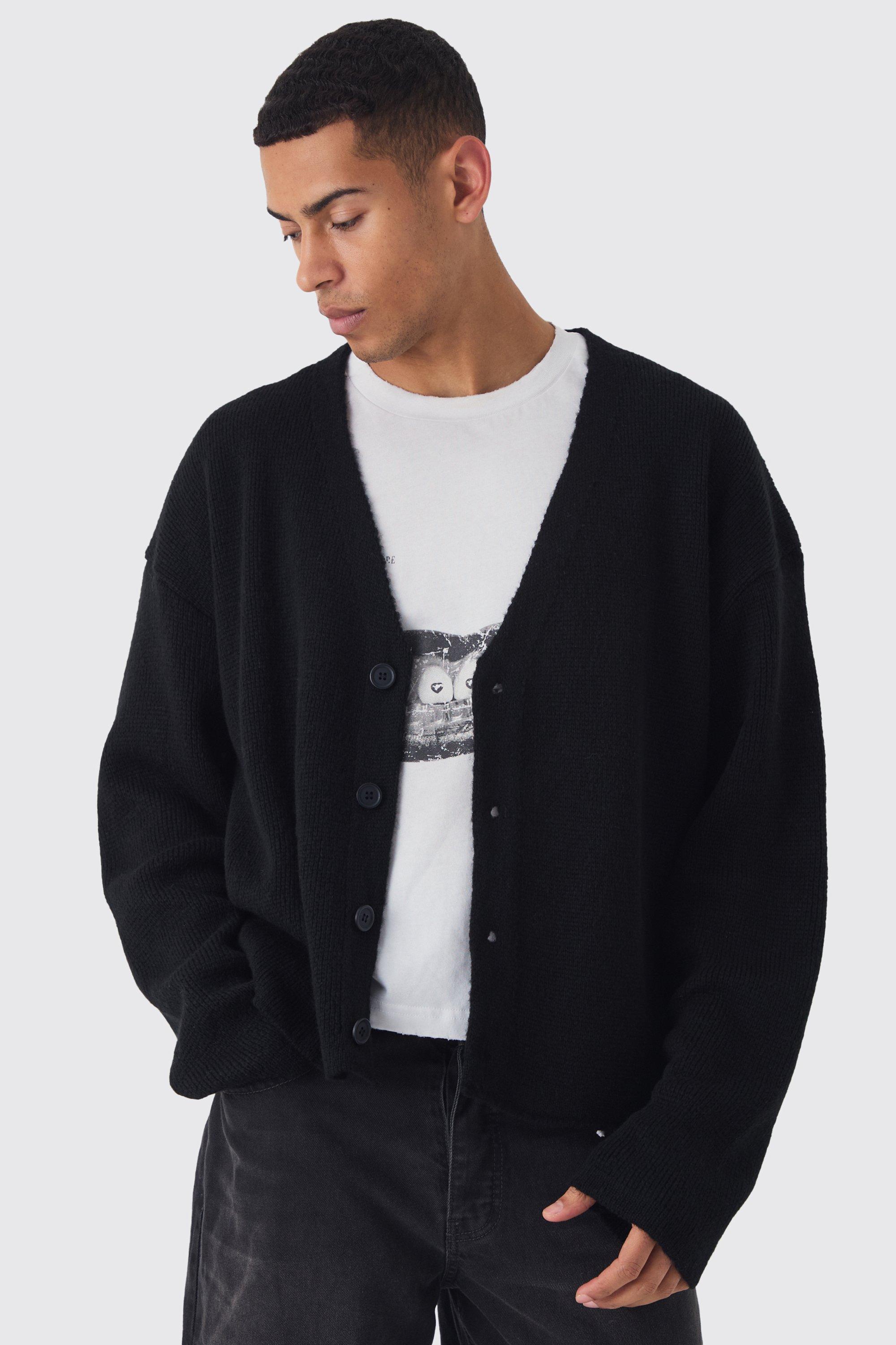 Mens Black Oversized Boxy Brushed Knitted Cardigan, Black