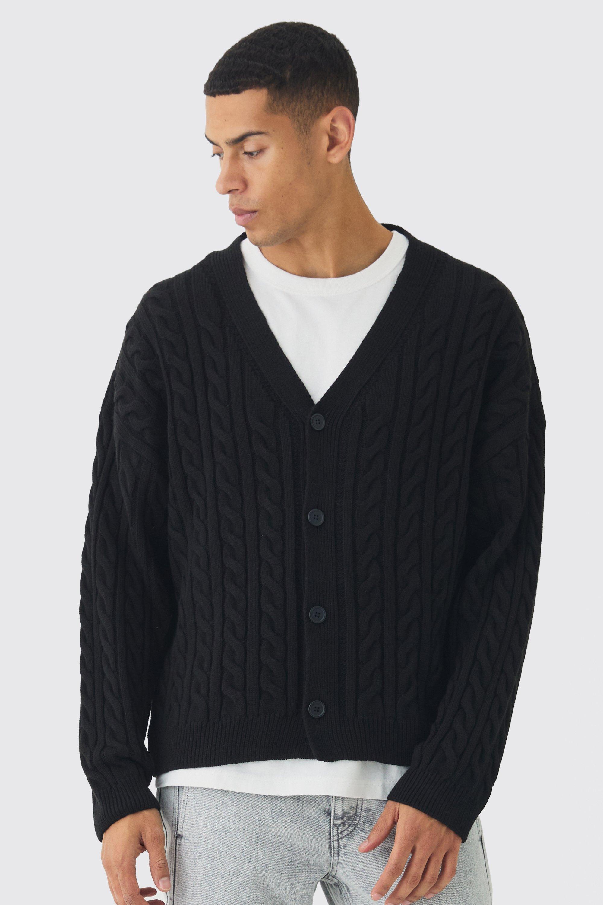 Mens Black Oversized Boxy Cable Knit Cardigan, Black