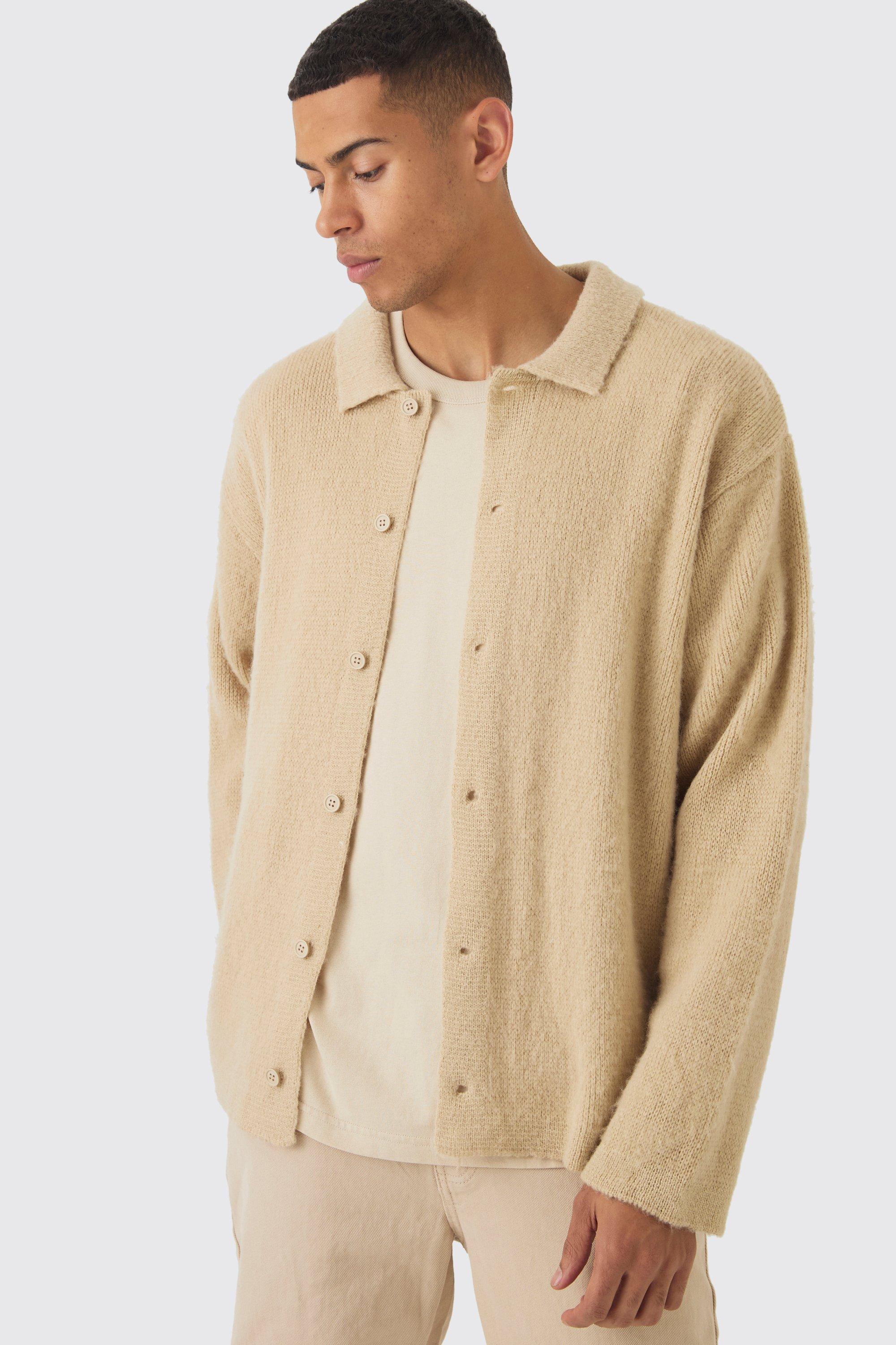 Camicia oversize in maglia spazzolata, Beige