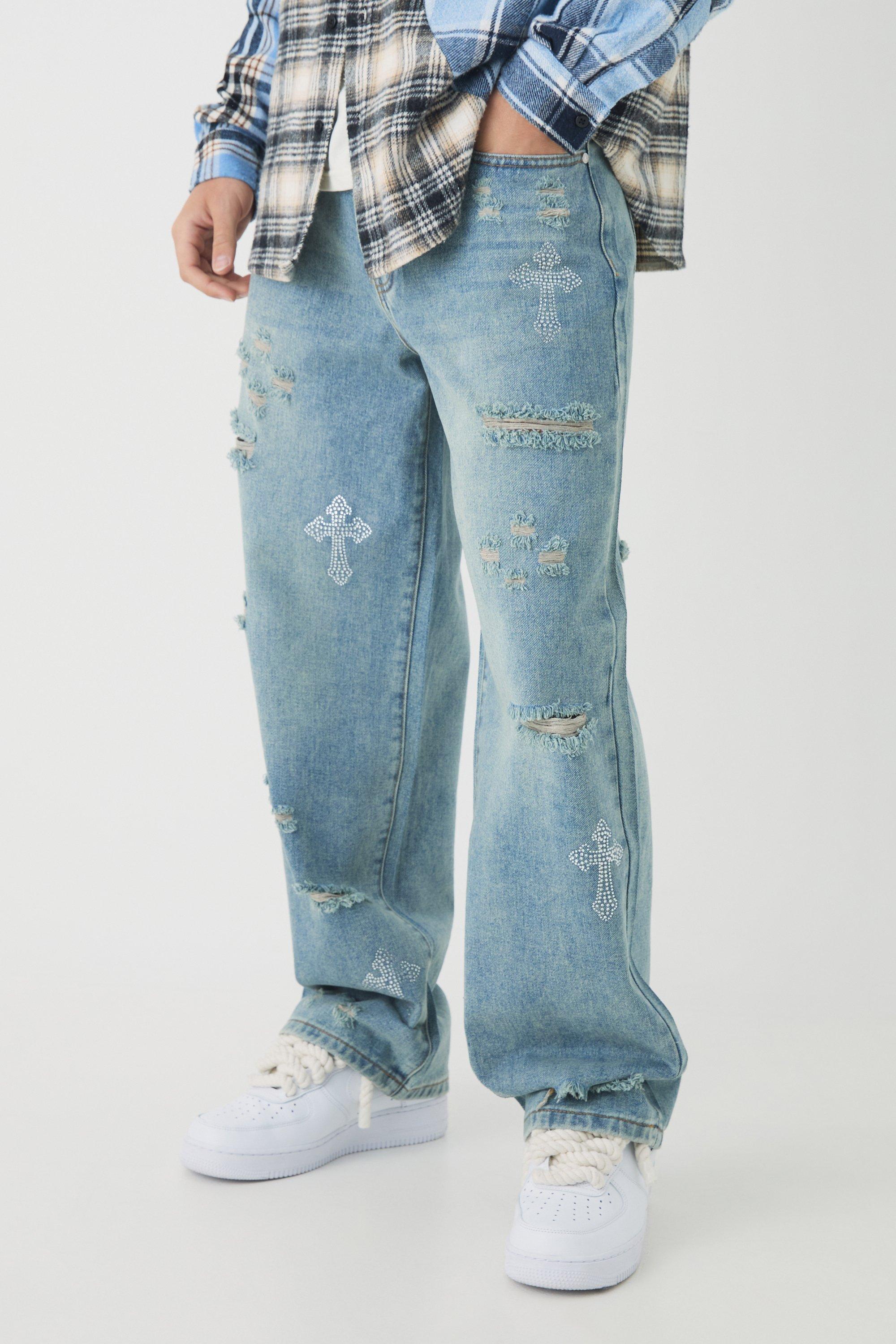 Jeans rilassati con strappi incrociati e strass, Azzurro