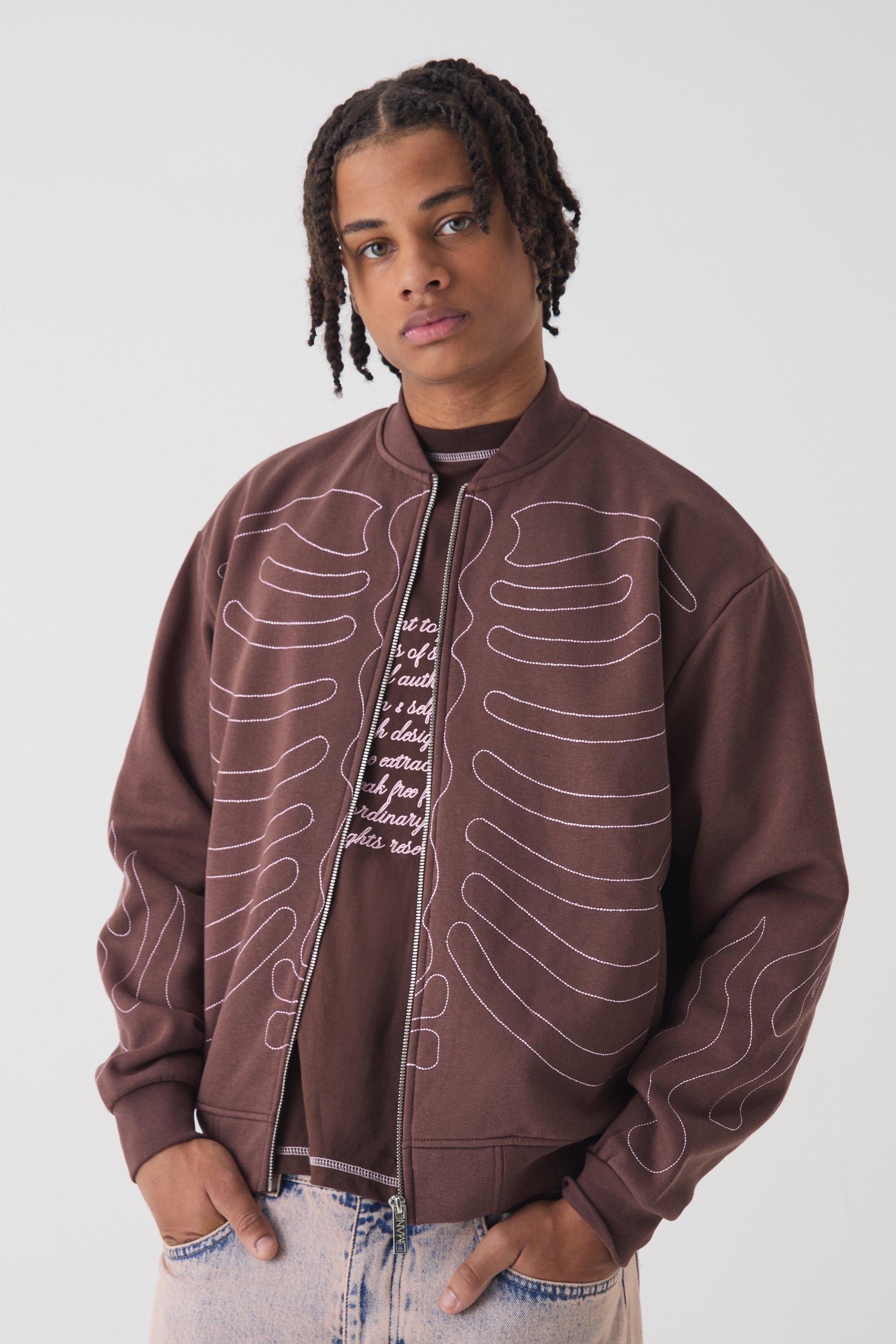 Giacca Bomber squadrata oversize con cuciture a contrasto e applique di teschio, Brown