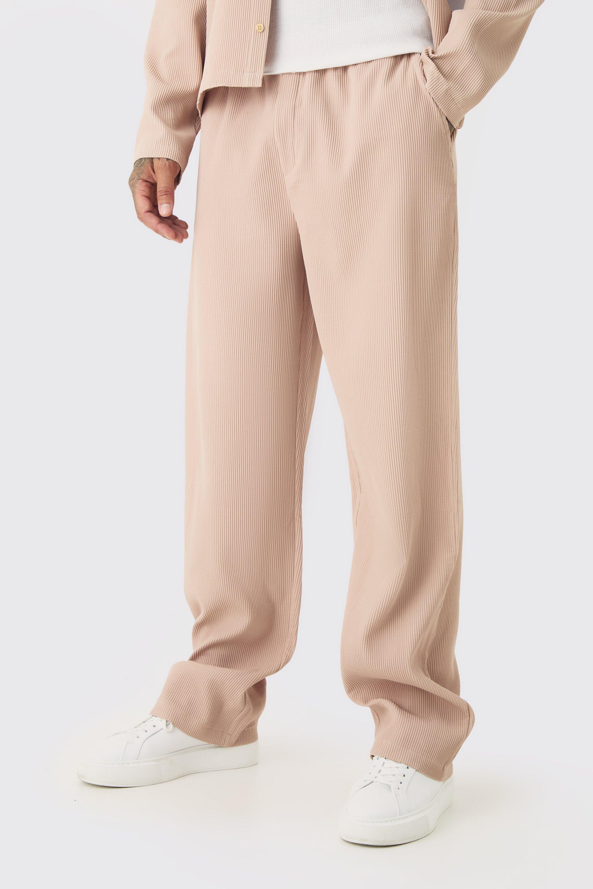 Mens Beige Tall Pleated Relaxed Fit Trousers, Beige