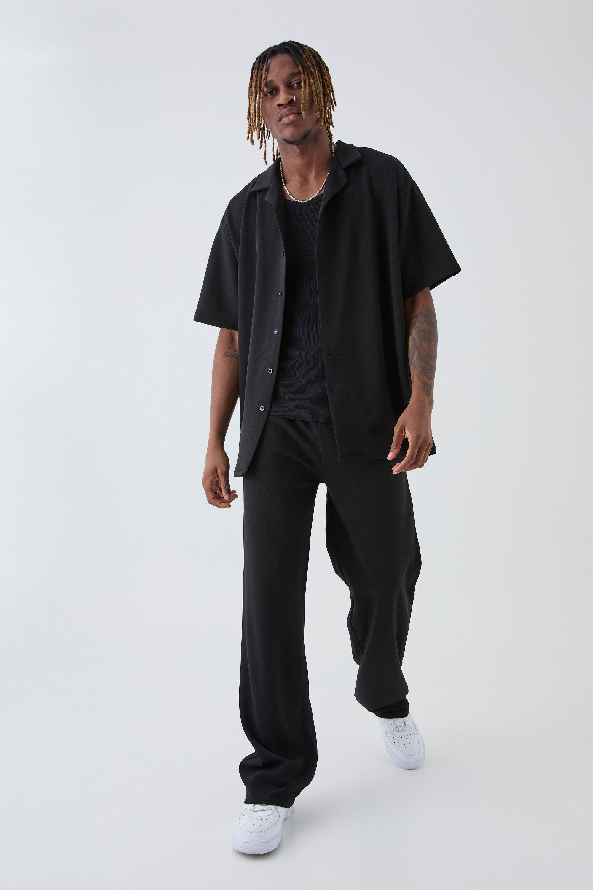 Mens Black Tall Scuba Twill Oversized Shirt & Trouser Set, Black