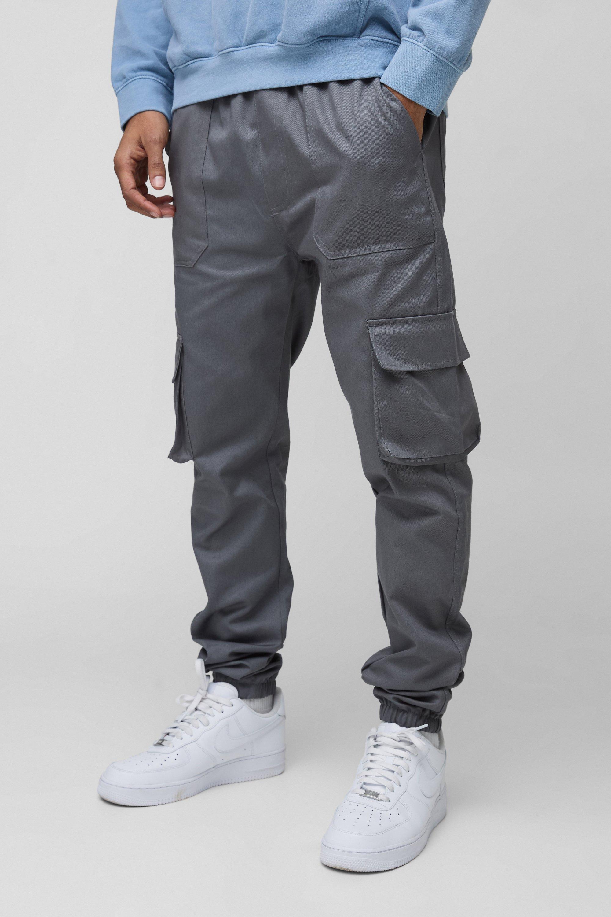 Mens Grey Skinny Fit Elasticated Waist Cuffed Cargo Trousers, Grey