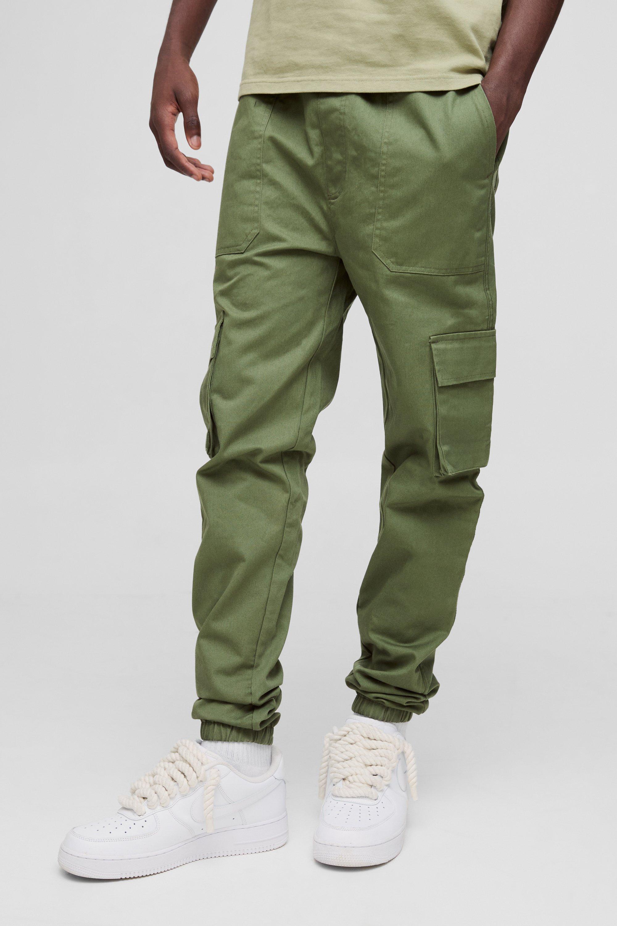 Mens Green Skinny Fit Elasticated Waist Cuffed Cargo Trousers, Green