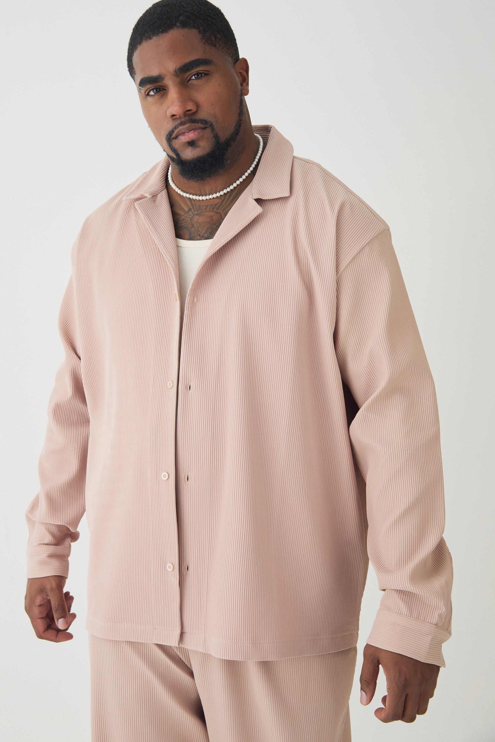 Mens Beige Plus Pleated Long Sleeve Revere Shirt, Beige
