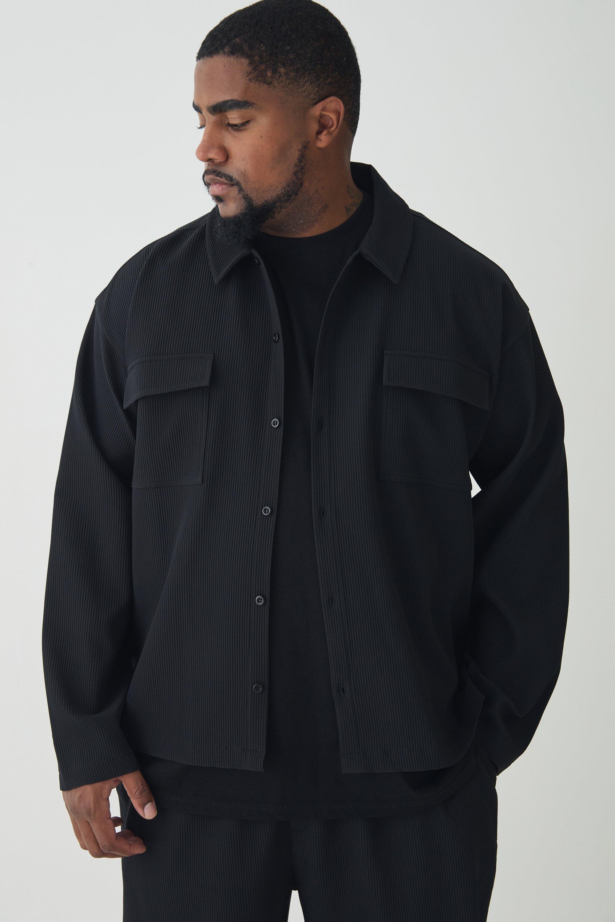 Mens Black Plus Pleated Cargo Overshirt, Black