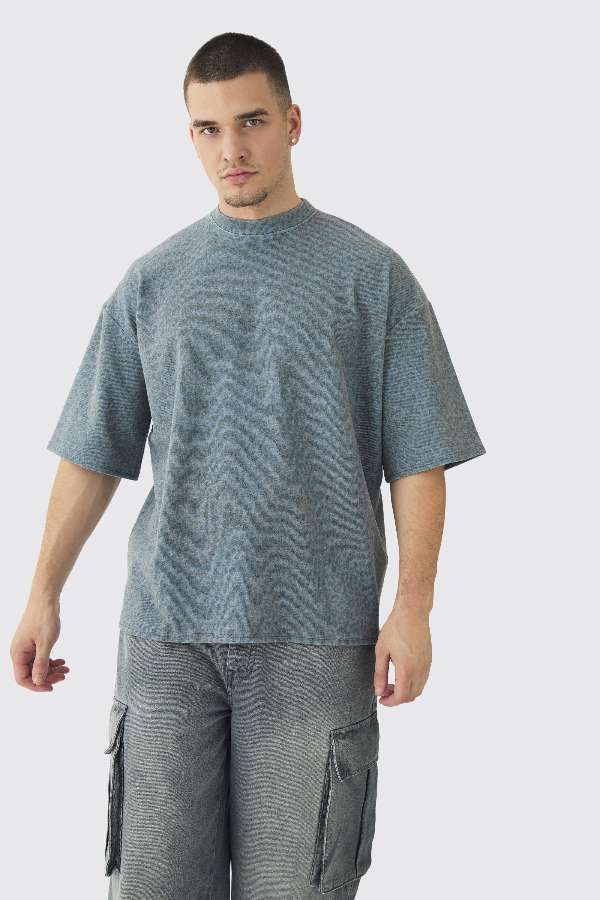 T-shirt squadrata Tall oversize a coste compatte leopardate, Grigio