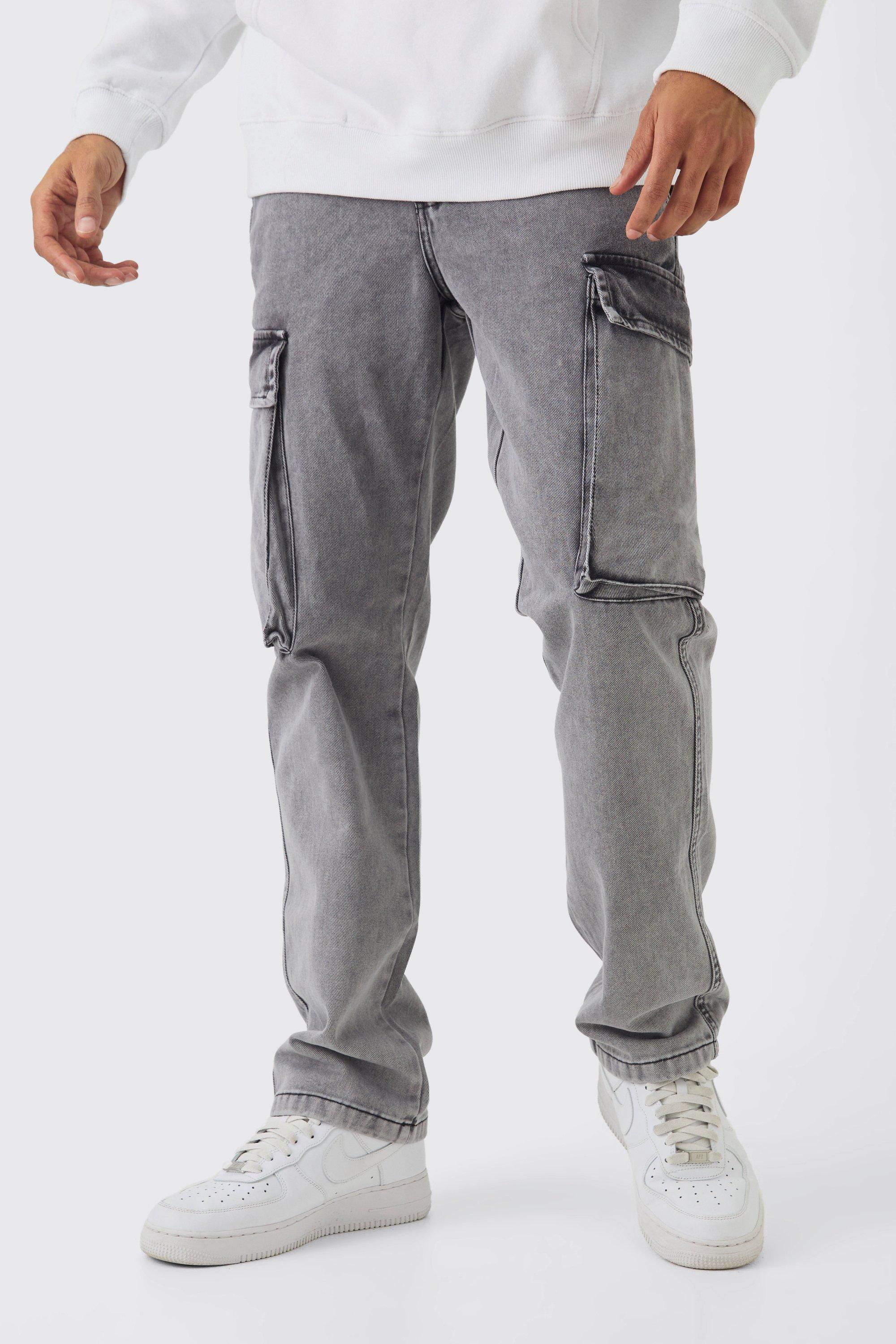 Pantaloni Cargo dritti pesanti in twill in lavaggio acido, Grigio