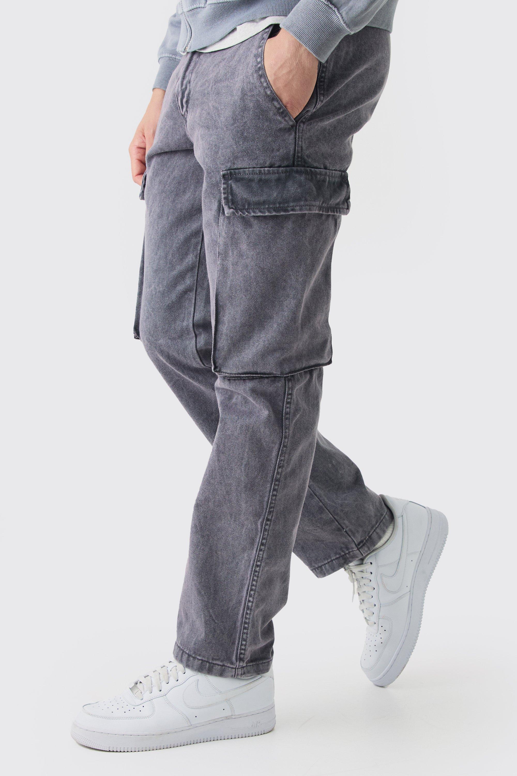 Boohoo Dikke Acid Wash Gebleekte Keperstof Cargo Broek Met Rechte Pijpen, Dark Grey