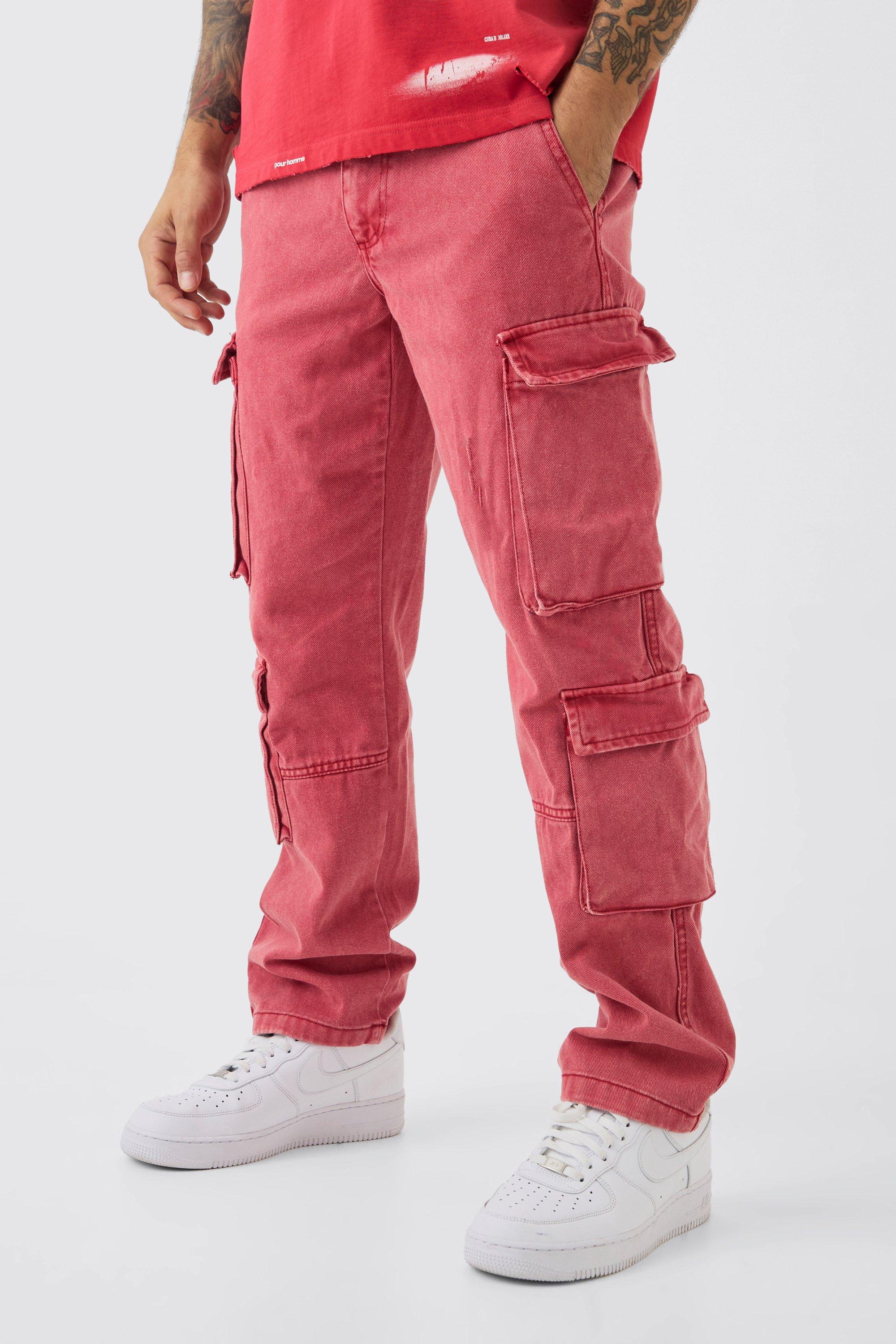 Boohoo Dikke Acid Wash Gebleekte Keperstof Cargo Broek Met Rechte Pijpen, Red